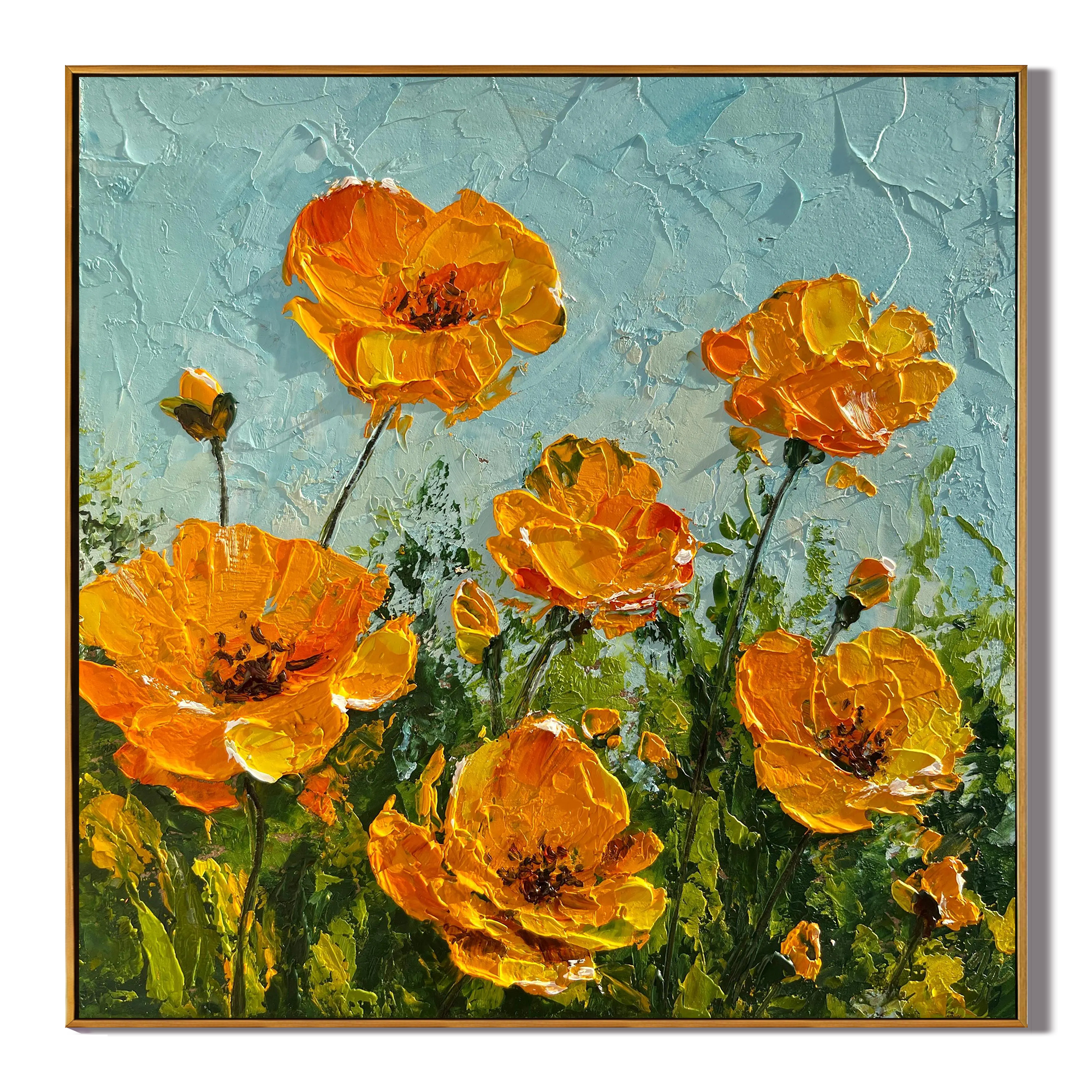 Amber Sunshine – Modern Impasto Orange Floral Oil Painting | Creative Textured Wildflower Hallway Art