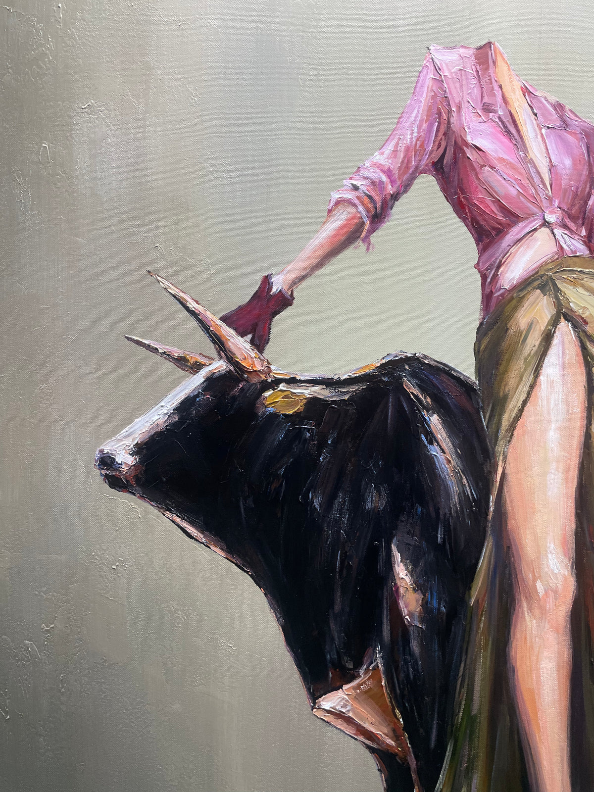 Brim Above the Bull – Olive Western Woman and Black Bull Painting | Vintage Americana Square Wall Art