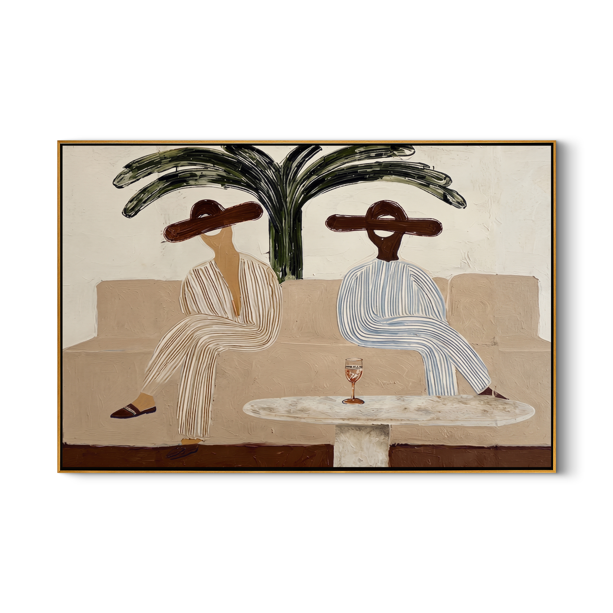 Afternoon Beneath Palm Shadows coastal figurative textured painting, horizontal canvas artwork