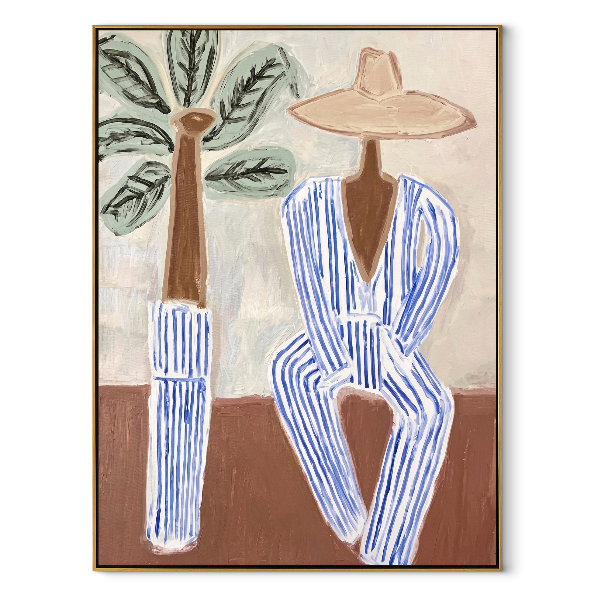 Blue Stripes by Palms coastal figurative textured painting, vertical canvas artwork