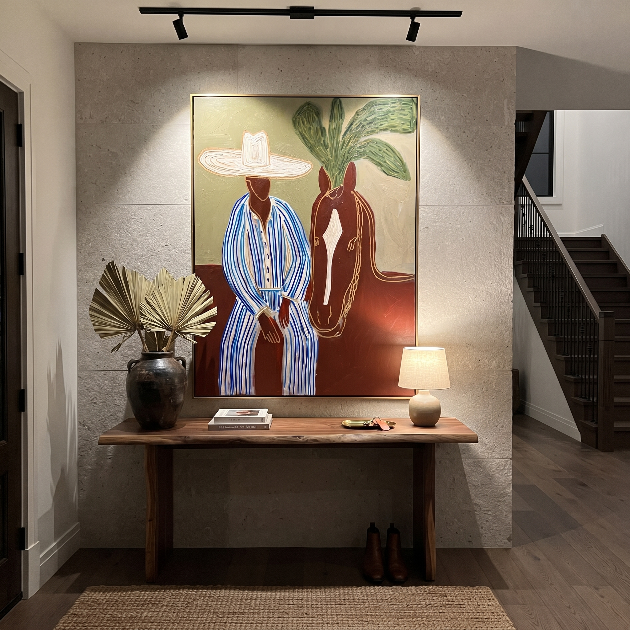 Sage Horizon Holds Rider styled in a layered residential interior