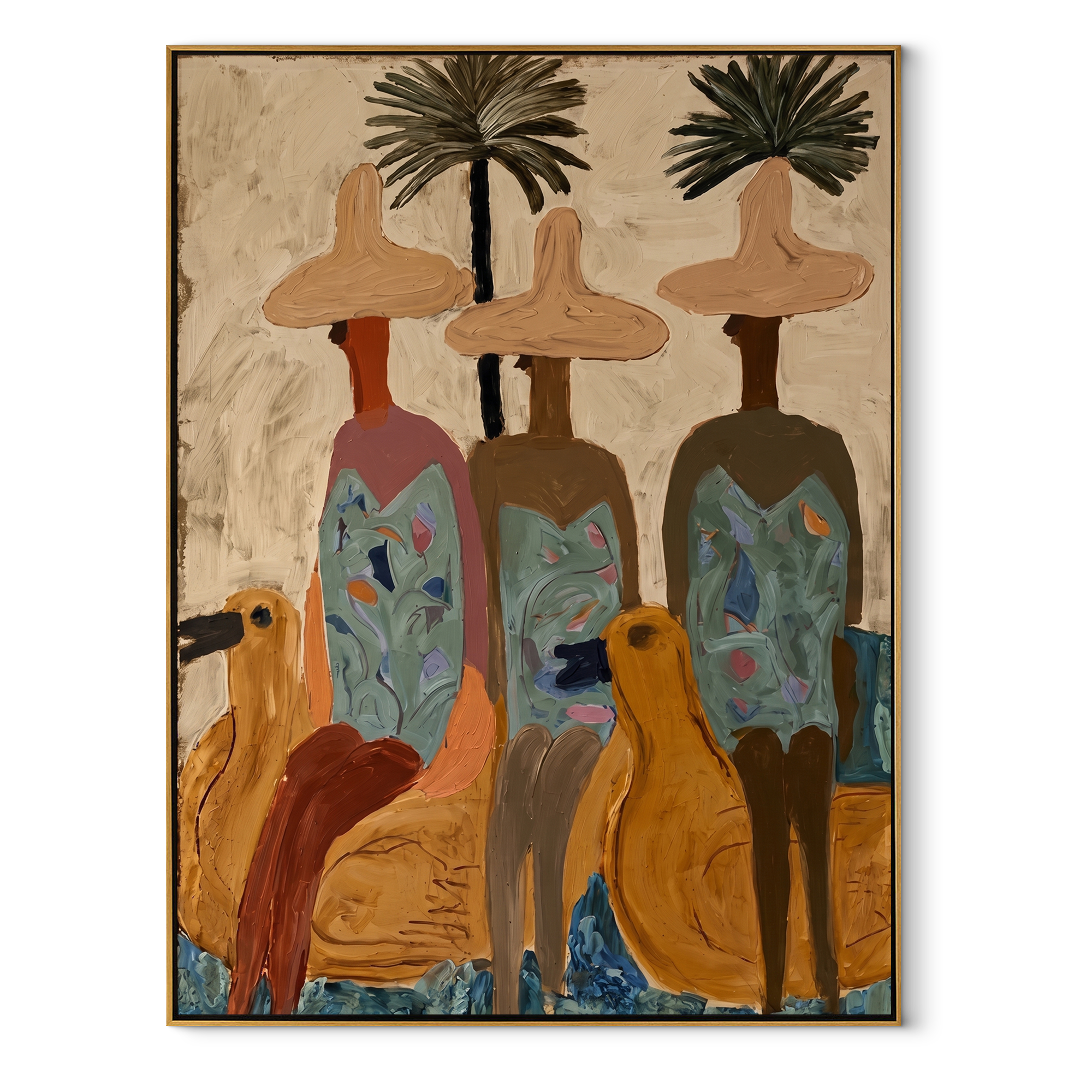 Three Brims Under Palms coastal figurative textured painting, vertical canvas artwork