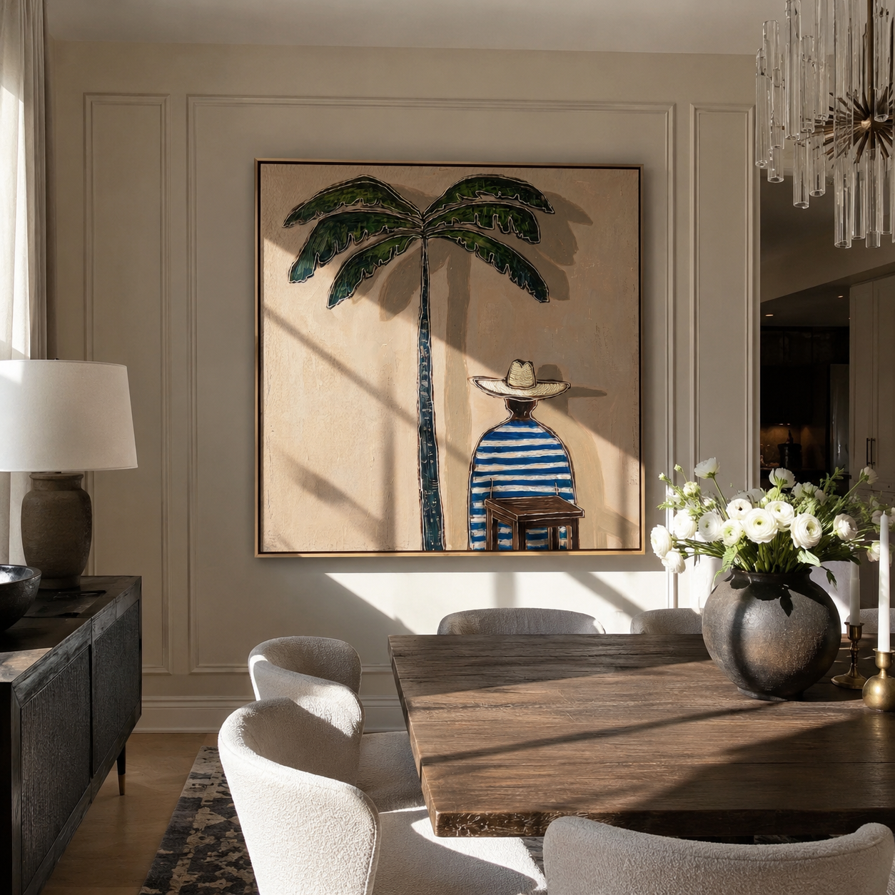 Palm Shade at Noon styled with neutral modern furnishings