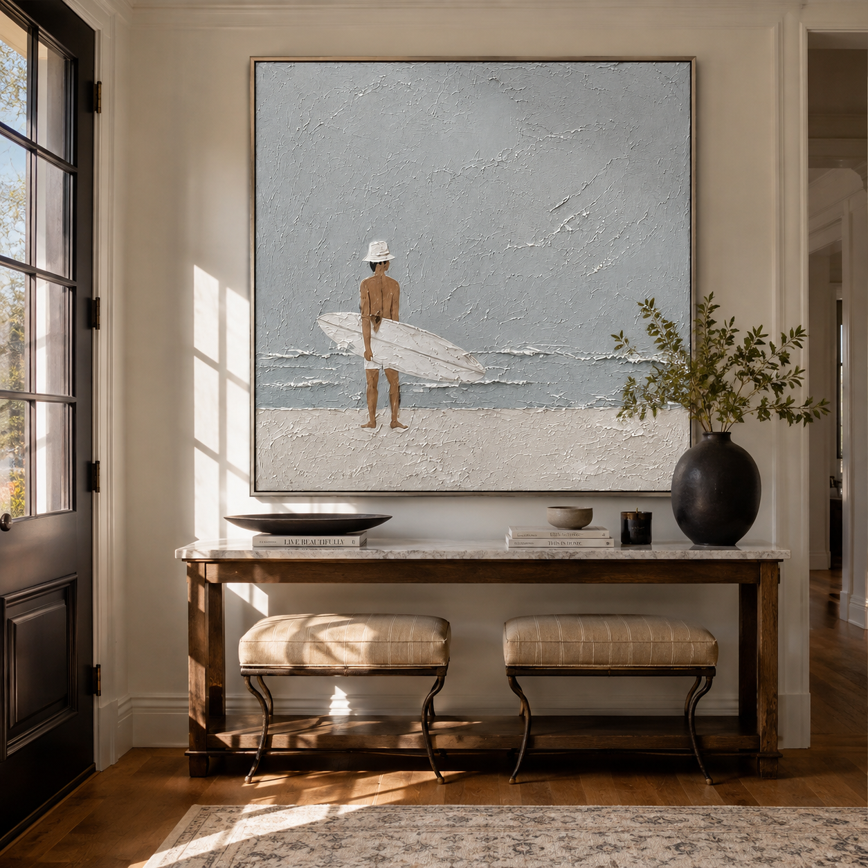 Quiet Surf Finds Sky presented above a contemporary console