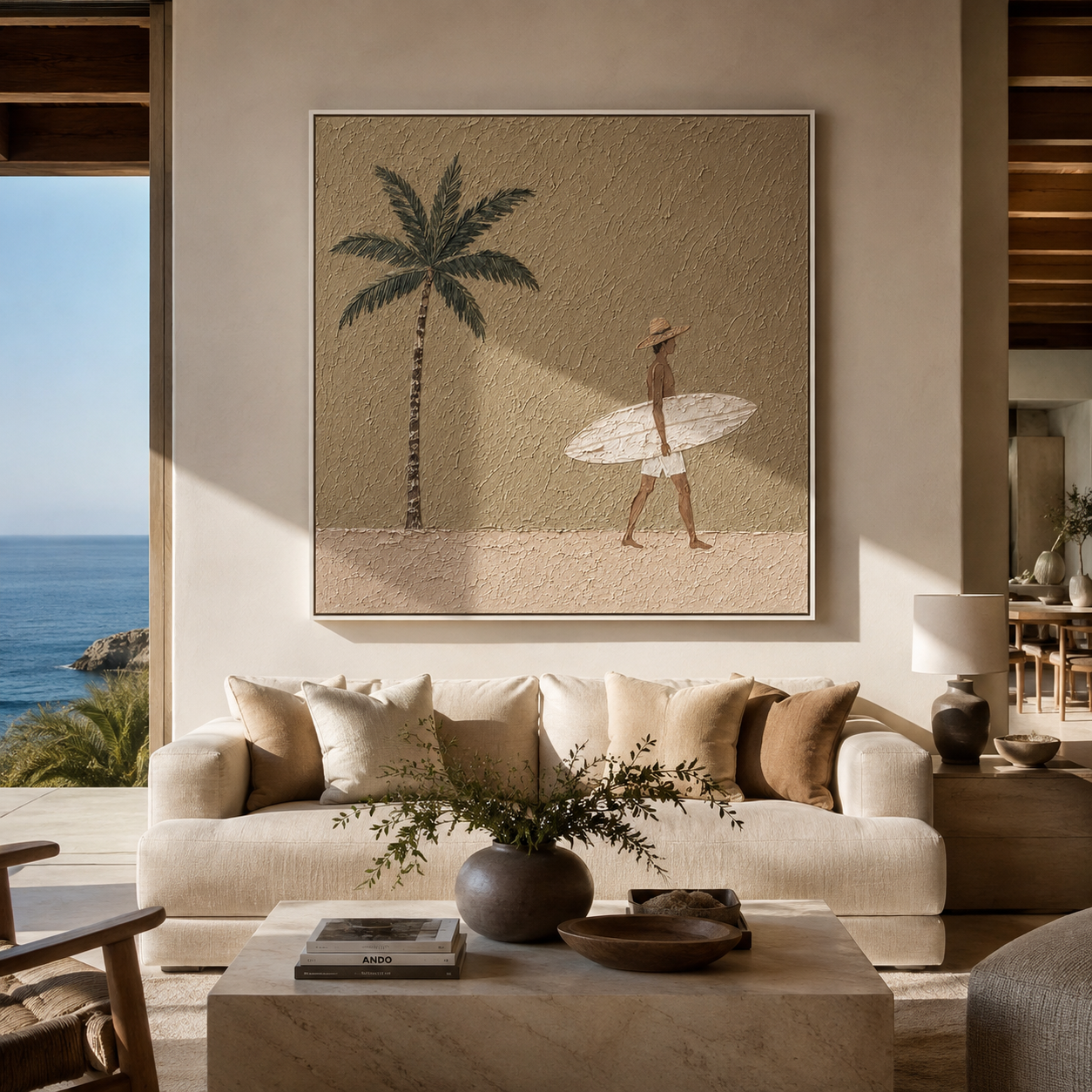 Palm Shadows Follow Surfer displayed in a warm contemporary interior