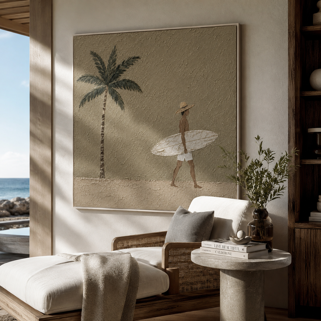 Palm Shadows Follow Surfer styled in a layered residential interior