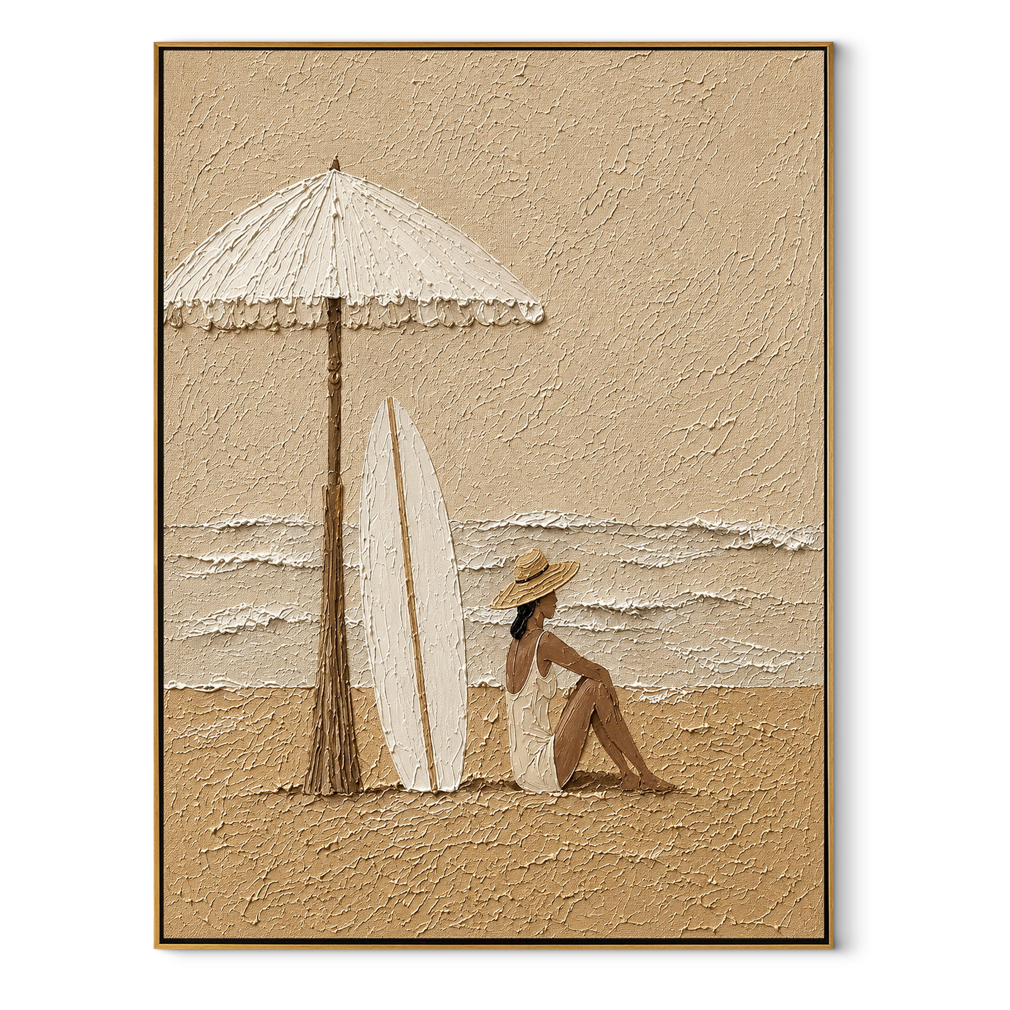 White Umbrella Guards Tide coastal figurative textured painting, vertical canvas artwork