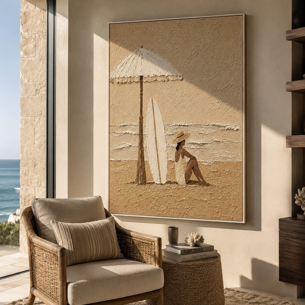 White Umbrella Guards Tide styled with neutral modern furnishings