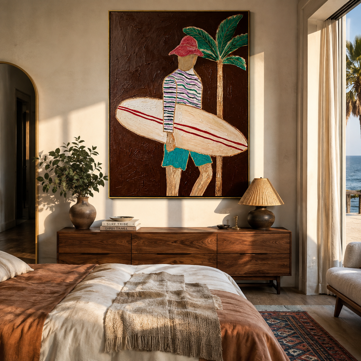 Coral Stripes Carry Board displayed in a warm contemporary interior