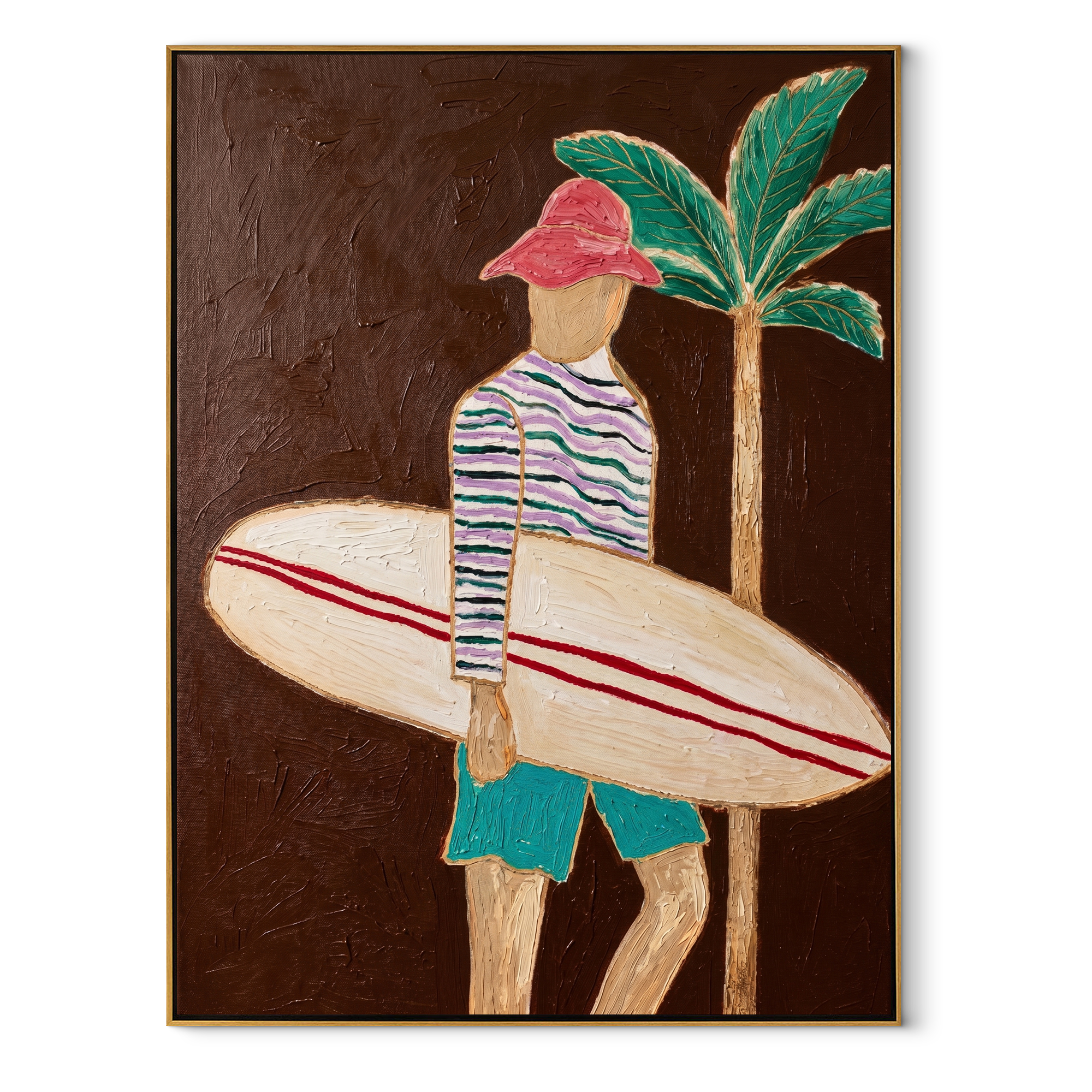 Coral Stripes Carry Board coastal figurative textured painting, vertical canvas artwork
