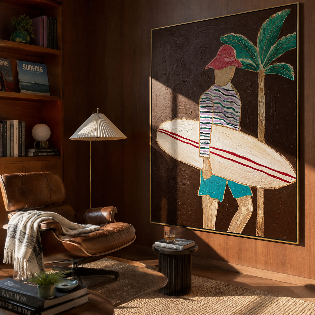 Coral Stripes Carry Board displayed as a modern room focal point