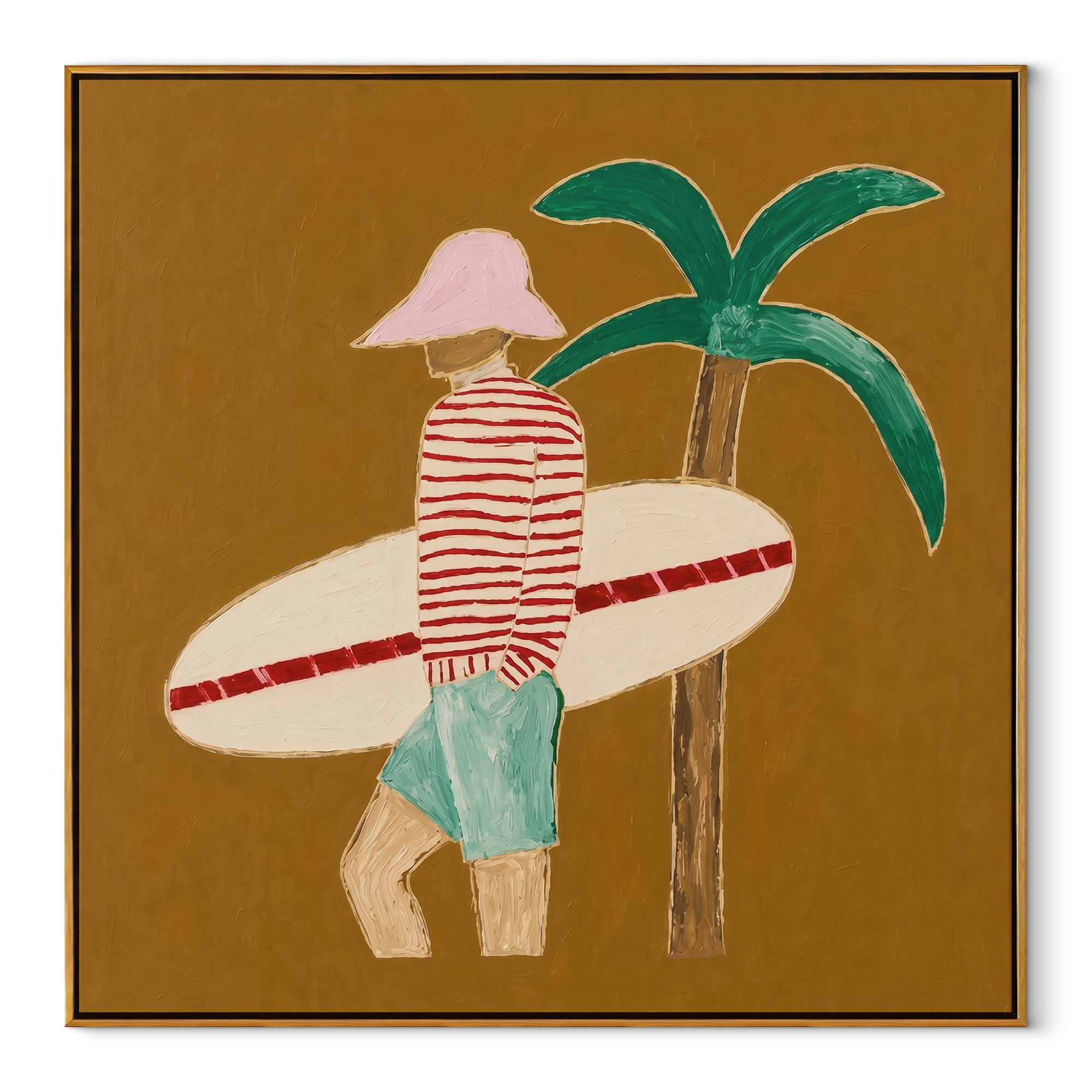 Red Stripes beneath Palm coastal figurative textured painting, square canvas artwork