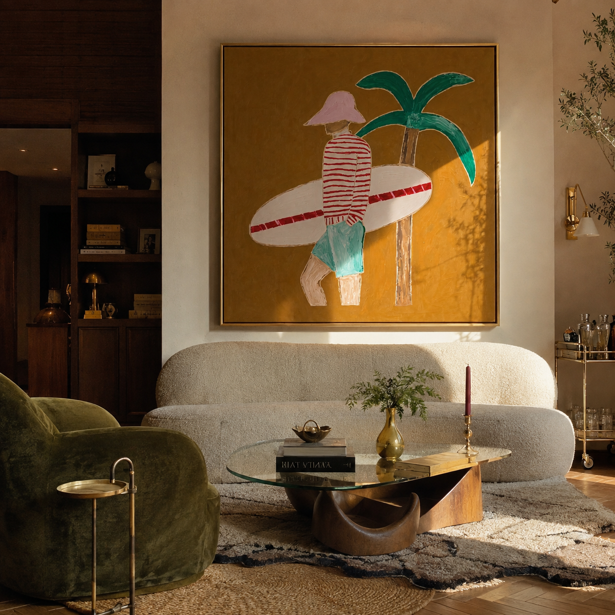 Red Stripes beneath Palm displayed as a modern room focal point
