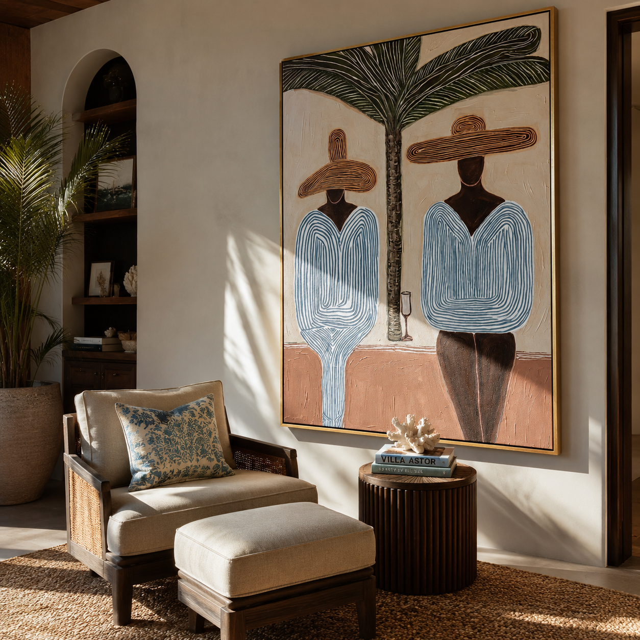 Two Silhouettes Share Shade presented above a contemporary console