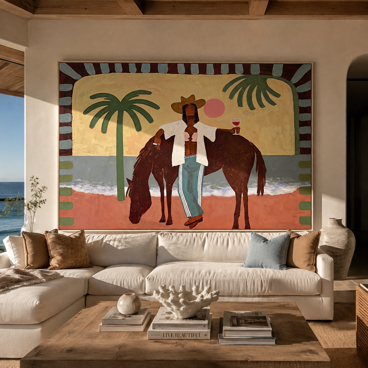 Pink Moon beside Horse styled with neutral modern furnishings