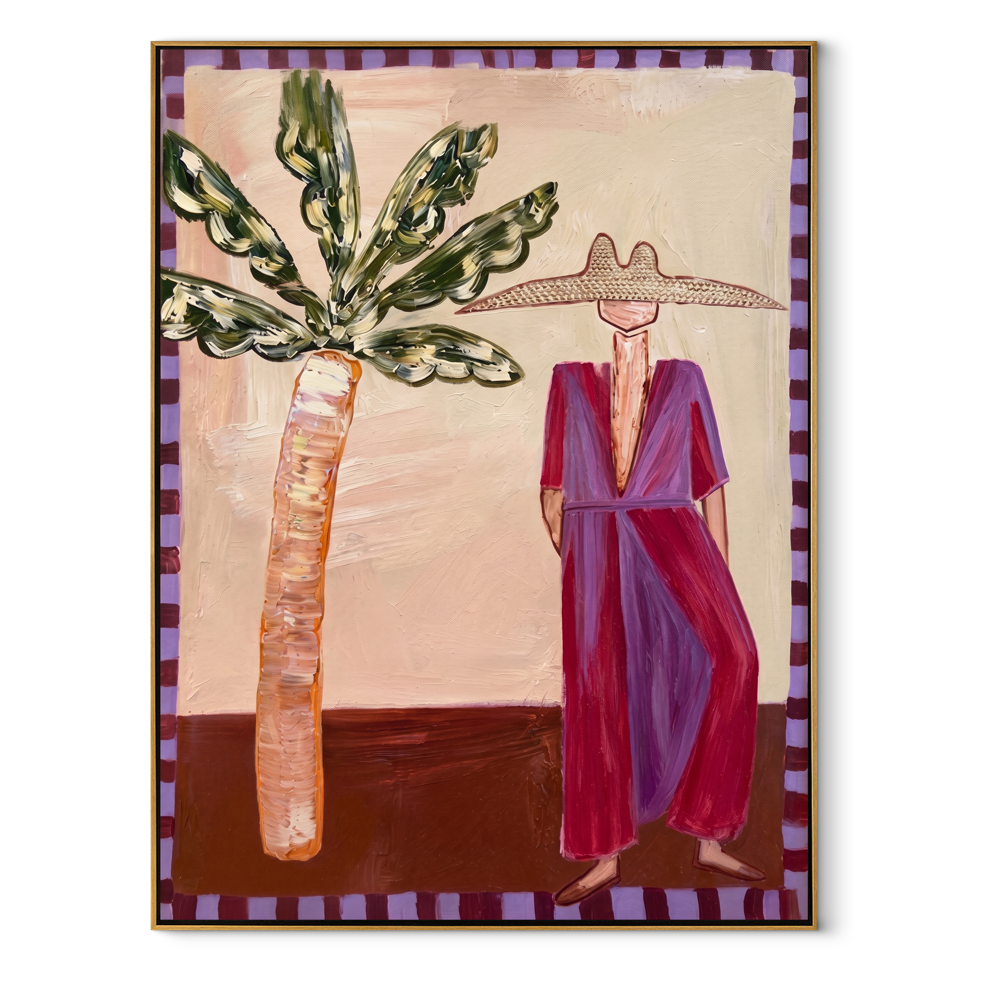 Violet Dress beneath Leaves coastal figurative textured painting, vertical canvas artwork