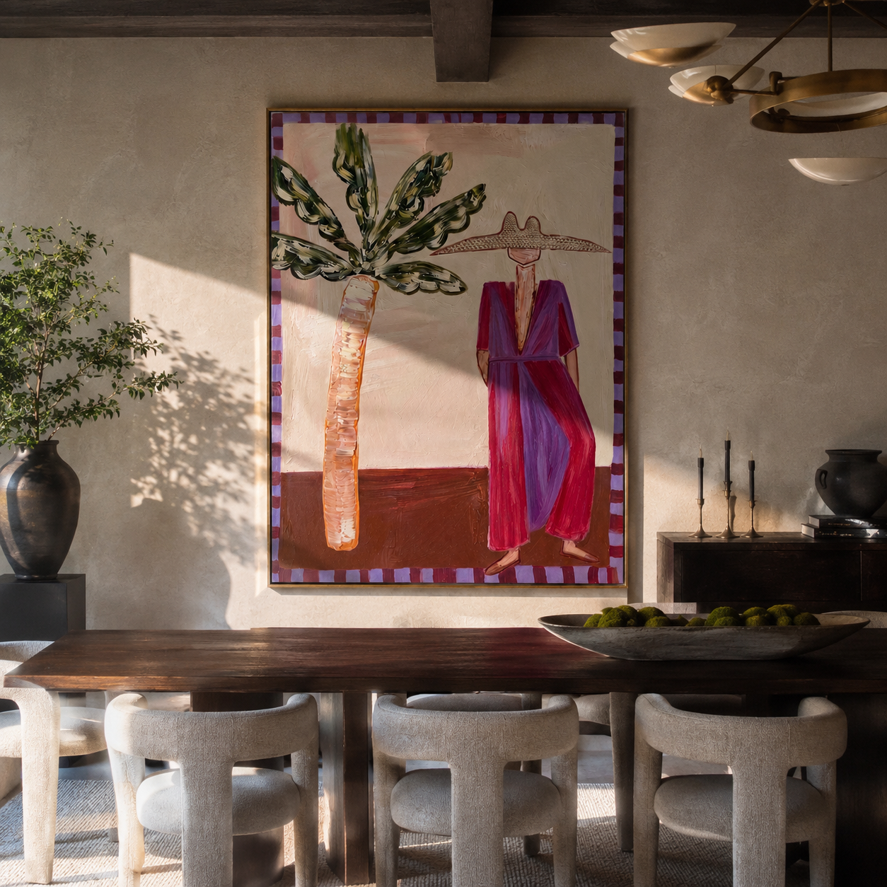 Violet Dress beneath Leaves presented above a contemporary console