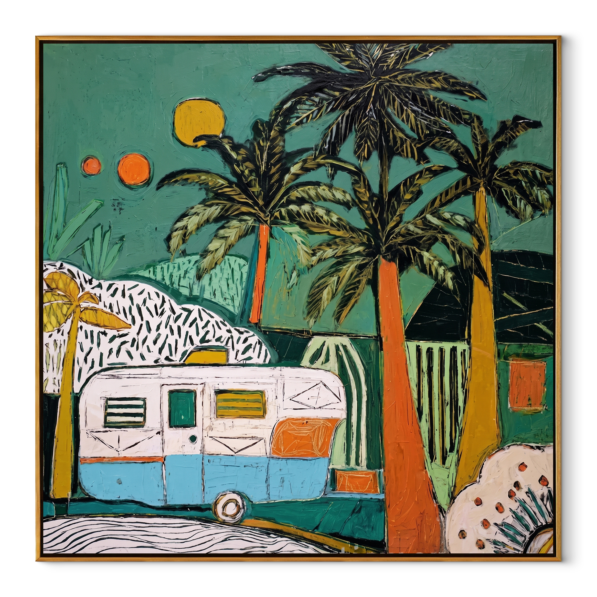 Turquoise Night Holds Caravan coastal figurative textured painting, square canvas artwork