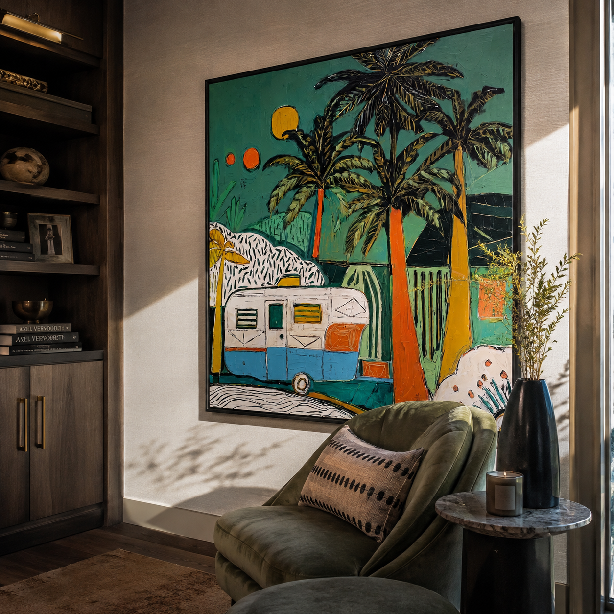 Turquoise Night Holds Caravan presented above a contemporary console
