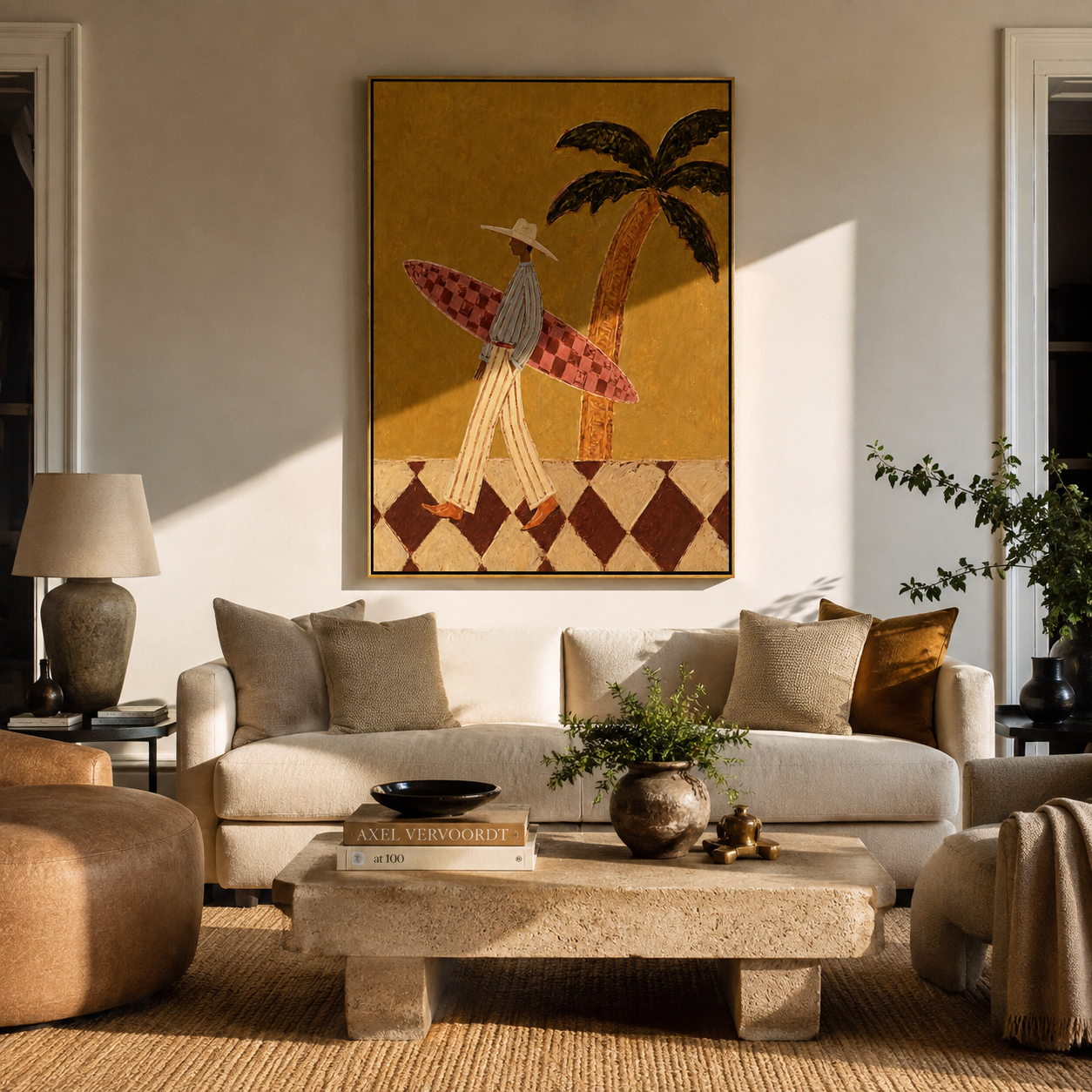 Checkered Board Crosses Sand presented above a contemporary console