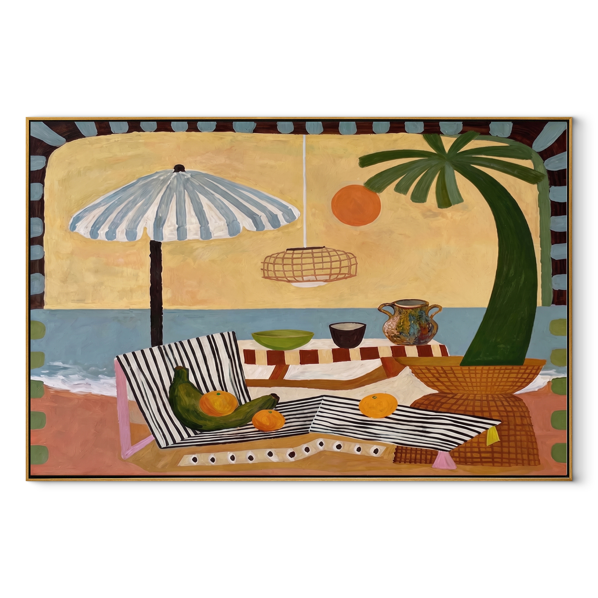 Striped Shade Covers Picnic coastal figurative textured painting, horizontal canvas artwork