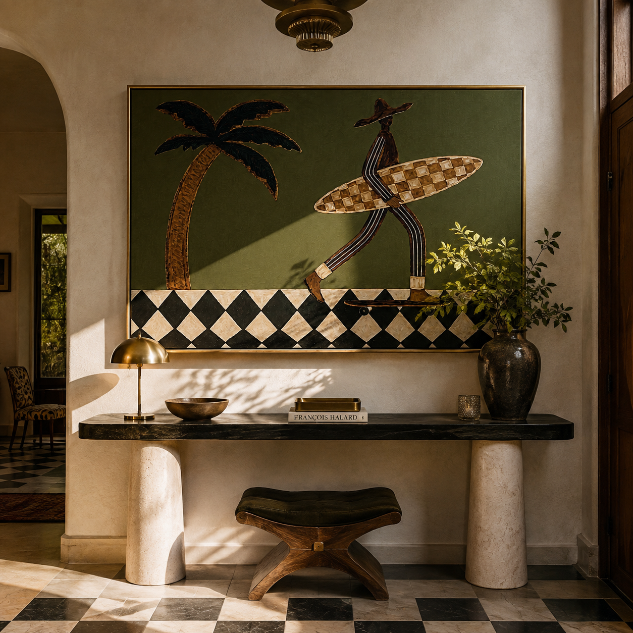 Surfer Wheels toward Tide displayed in a warm contemporary interior