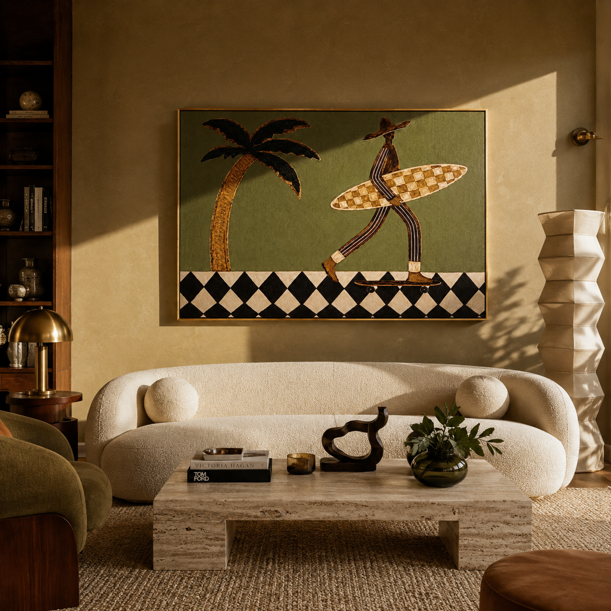 Surfer Wheels toward Tide presented above a contemporary console