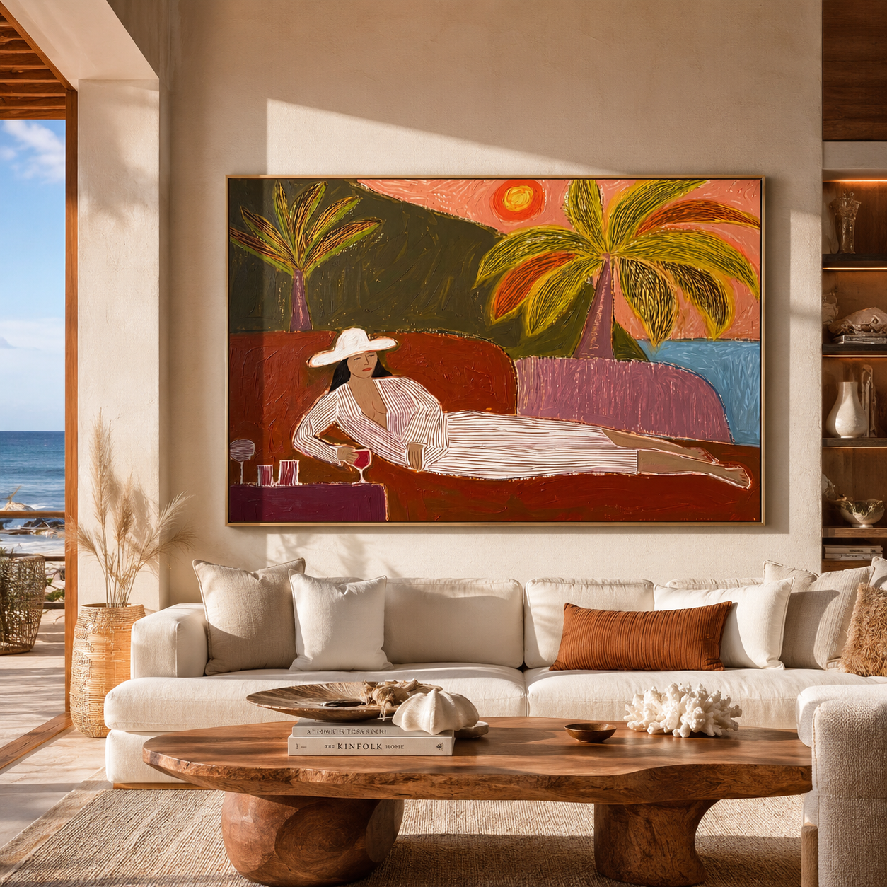 Coral Sunset Lengthens Lounge presented above a contemporary console