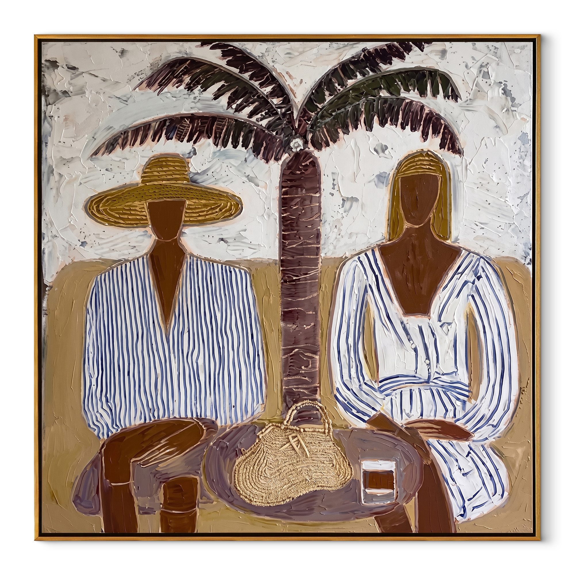 Twin Brims beneath Palm coastal figurative textured painting, square canvas artwork