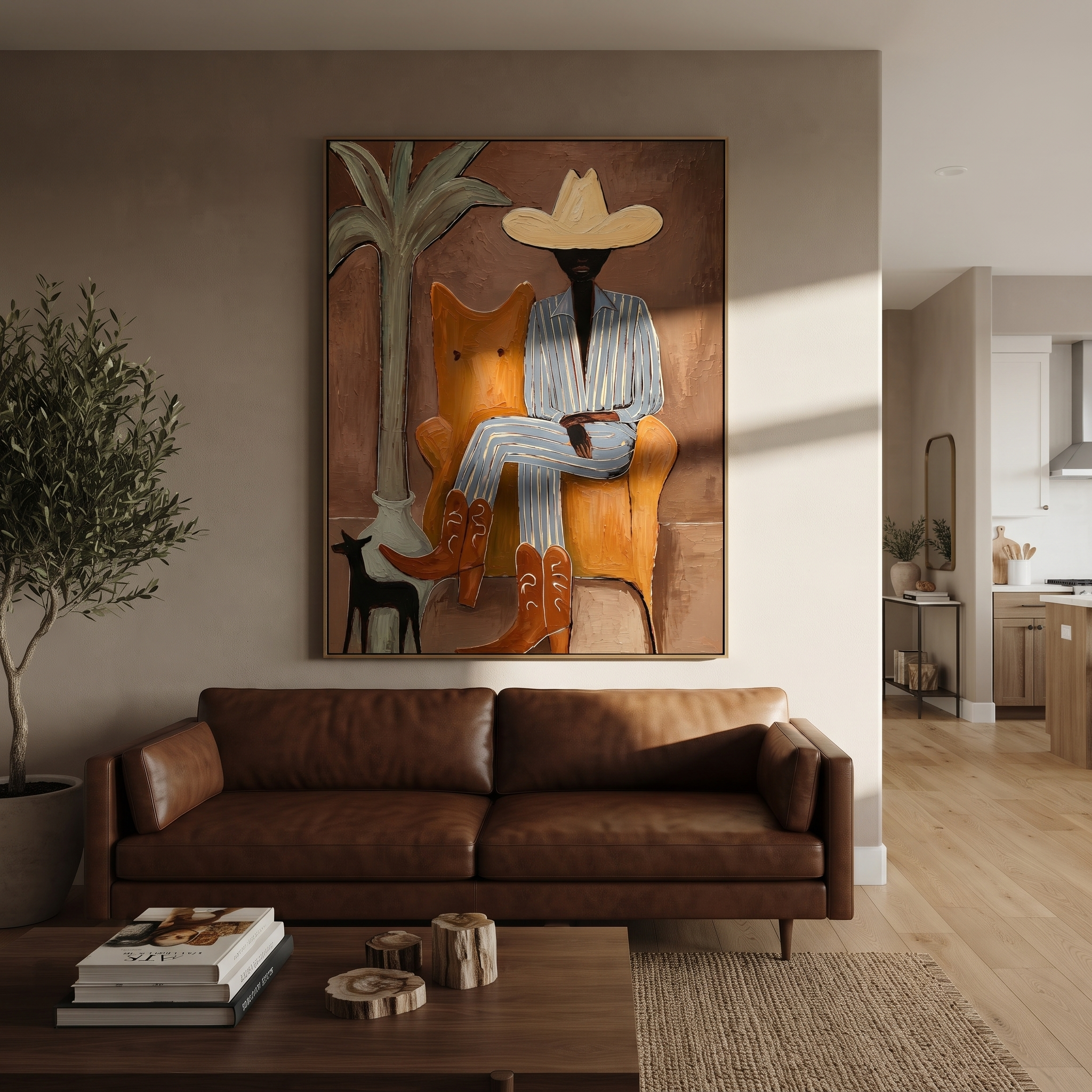 Striped Cowboy Keeps Watch styled with neutral modern furnishings