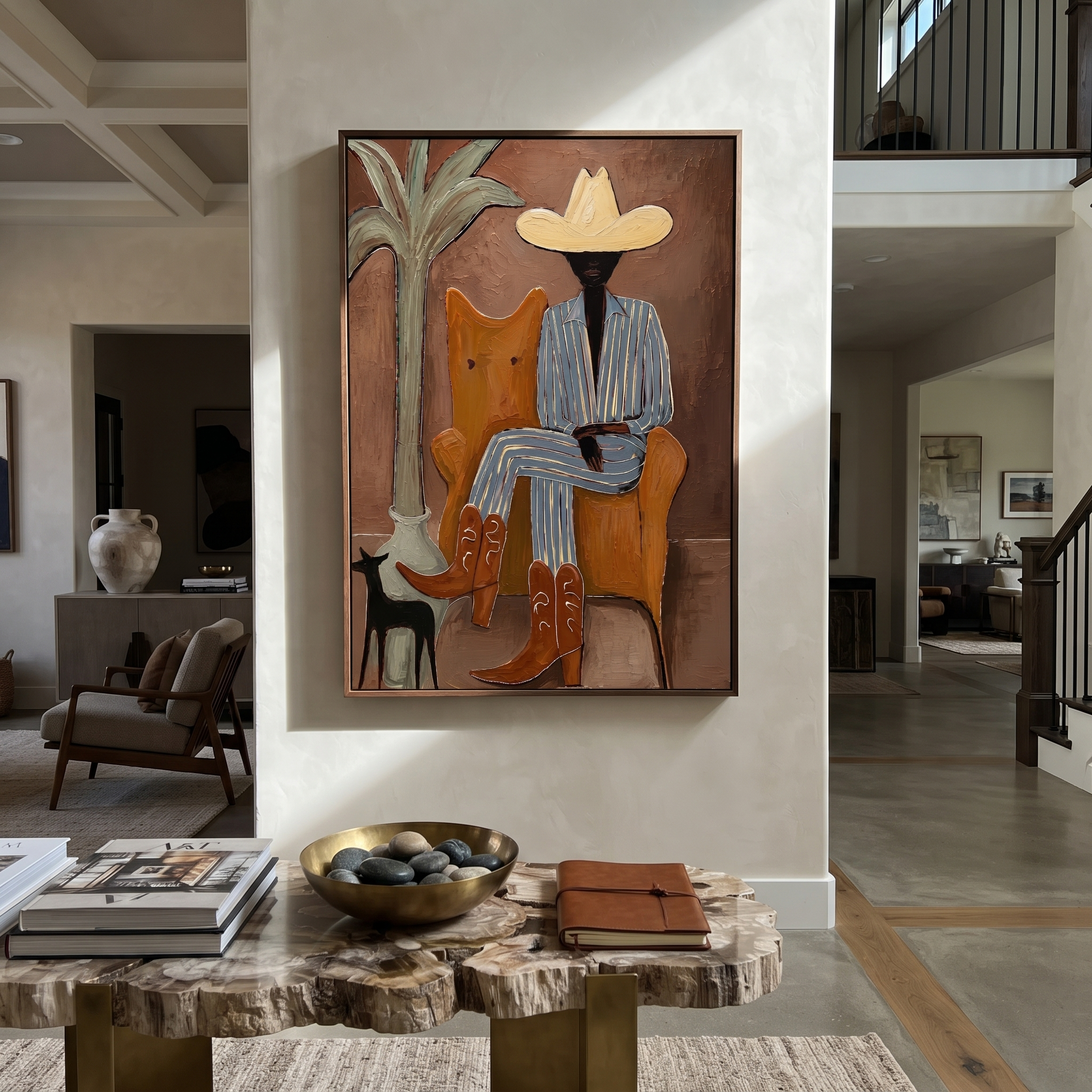 Striped Cowboy Keeps Watch presented above a contemporary console