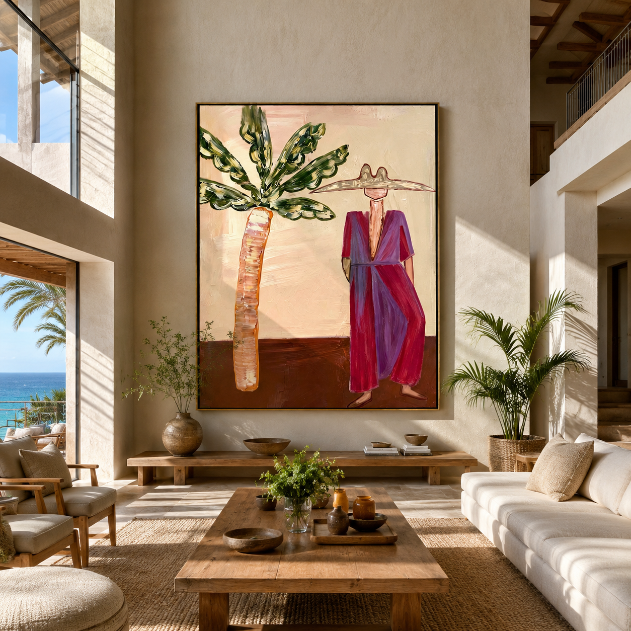 Magenta Brim Greets Palms styled with neutral modern furnishings