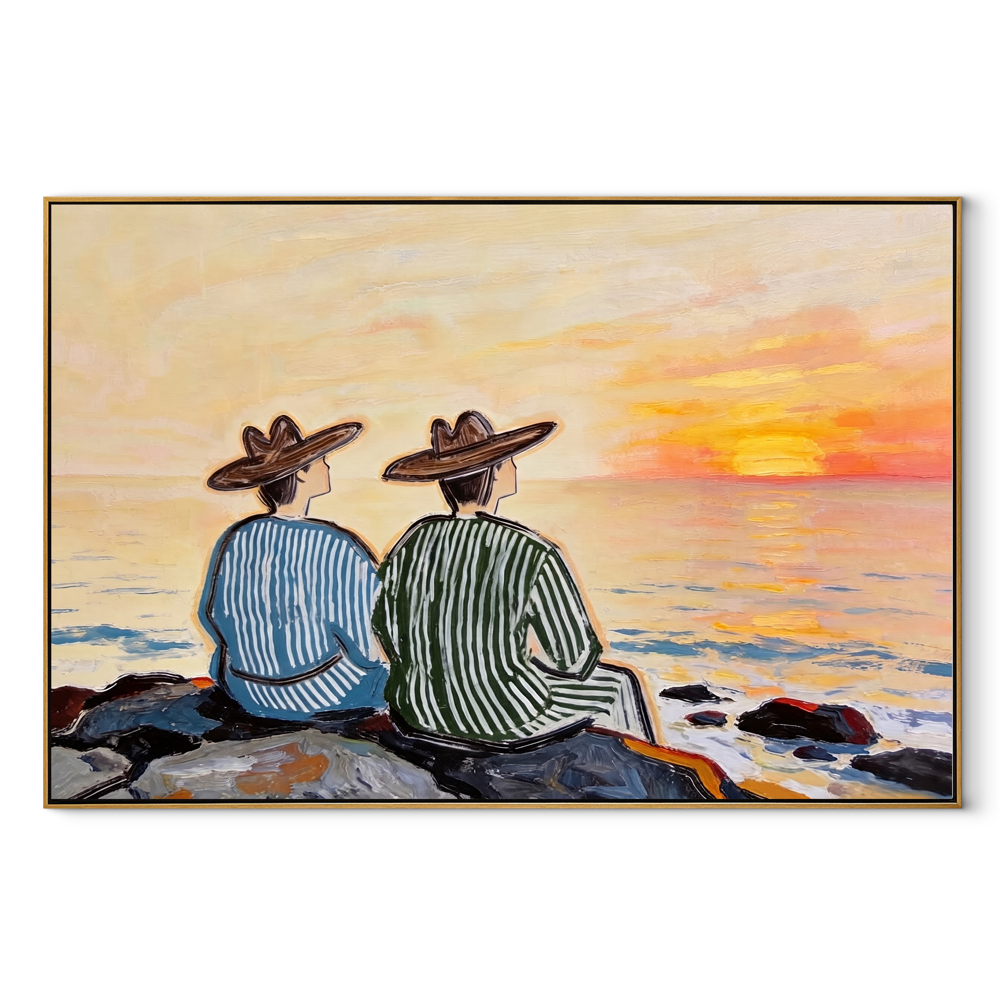 Sunset Waits Behind Stripes coastal figurative textured painting, horizontal canvas artwork