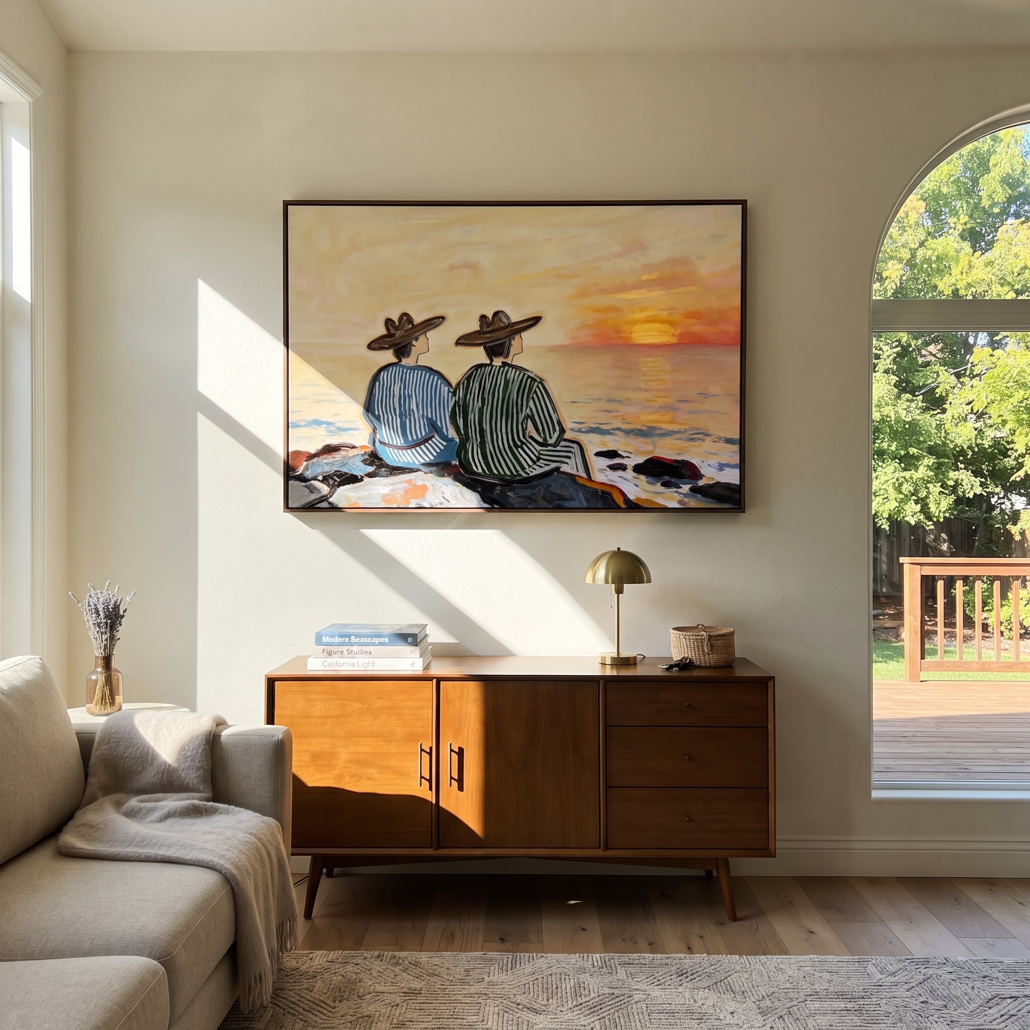 Sunset Waits Behind Stripes presented above a contemporary console