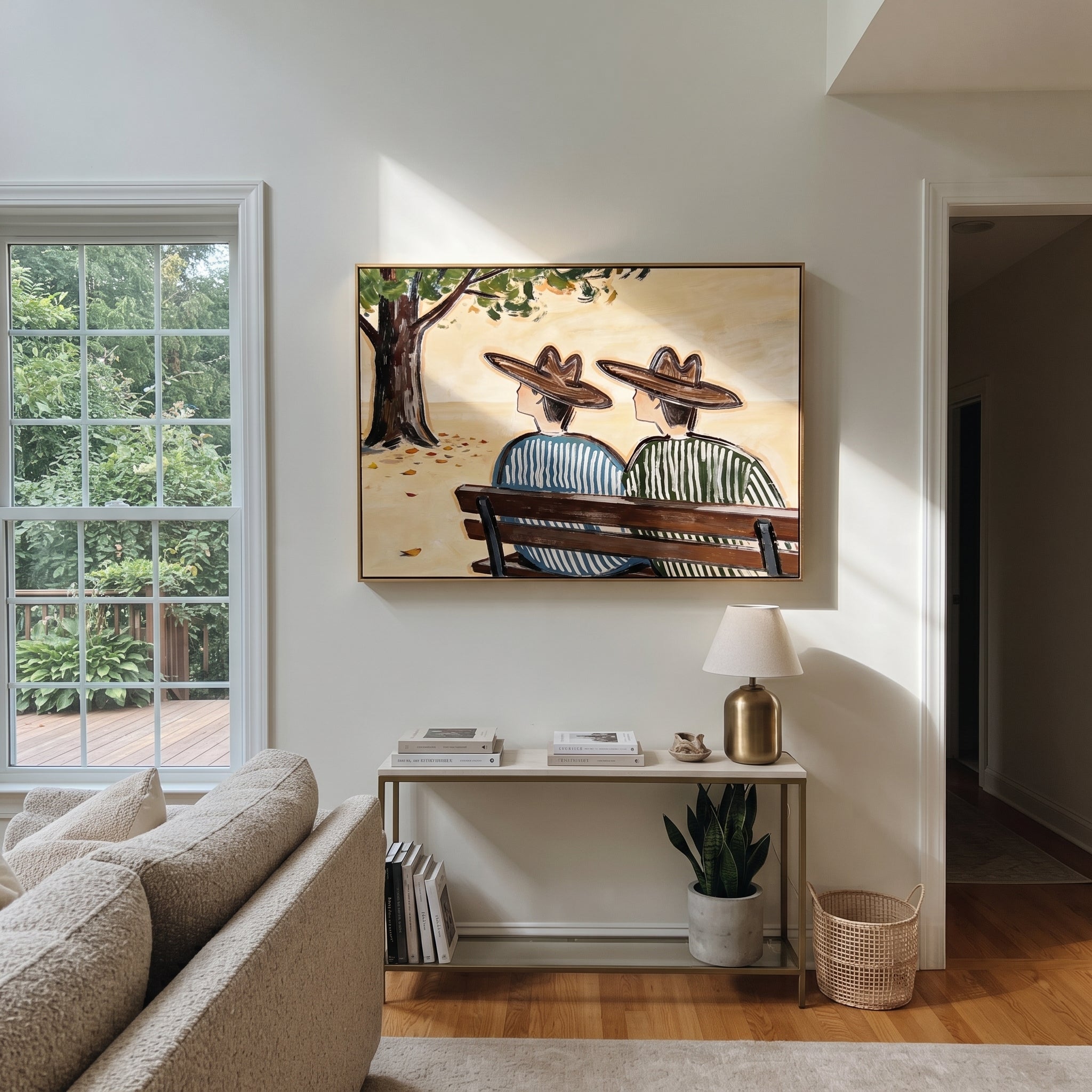 Bench Keeps Coastal Secrets presented above a contemporary console