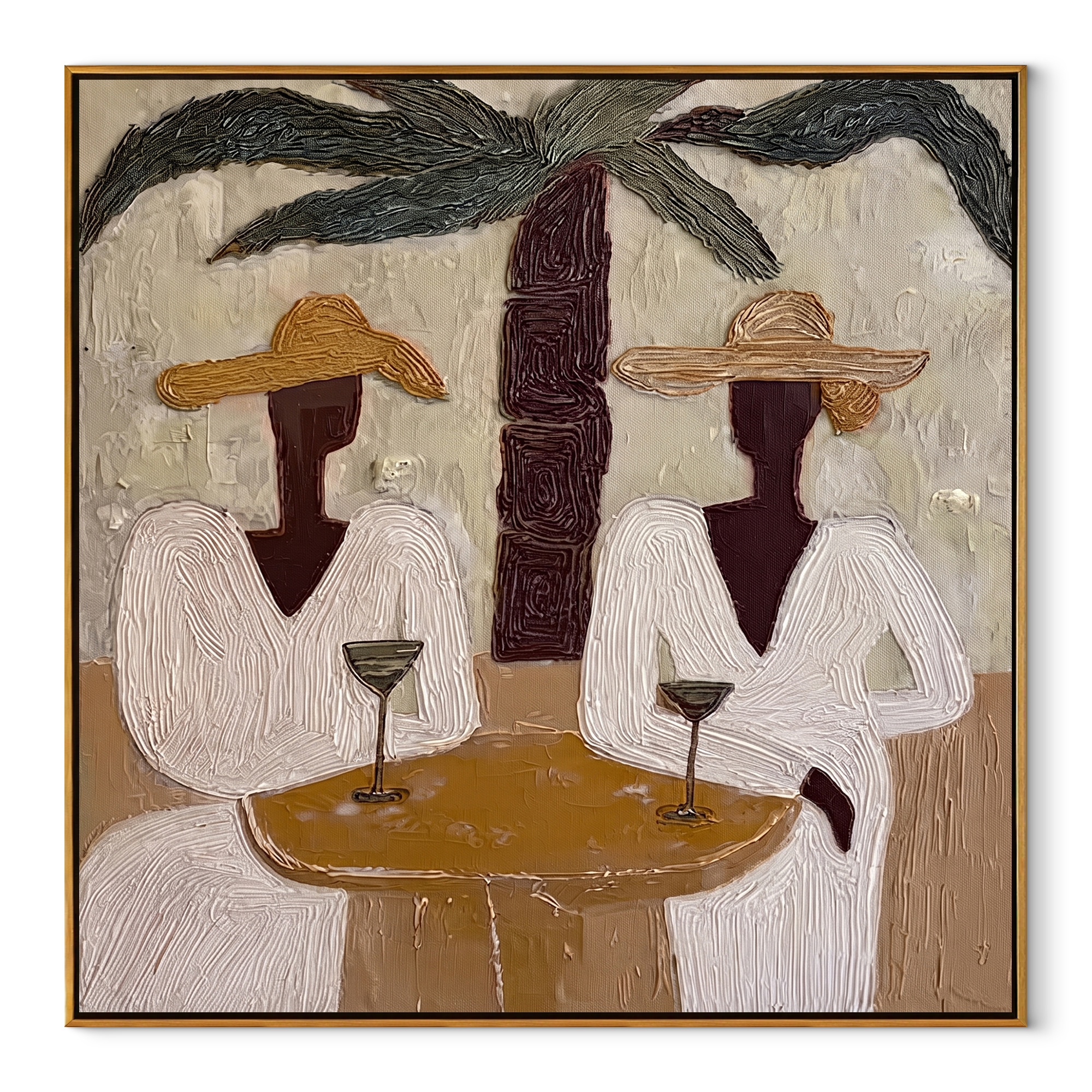 Two Cocktails Find Shade coastal figurative textured painting, square canvas artwork