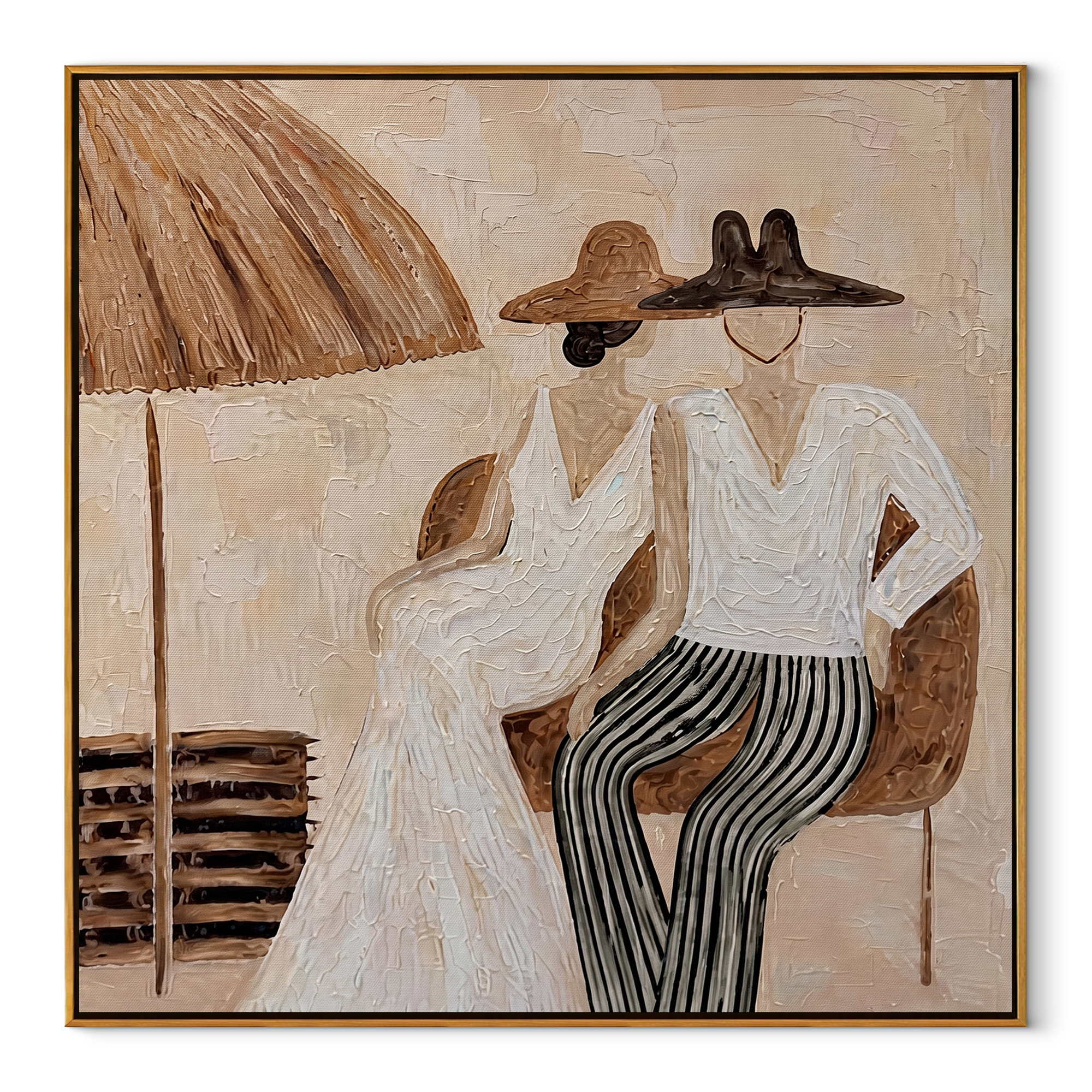 Parasol Holds Their Silence coastal figurative textured painting, square canvas artwork