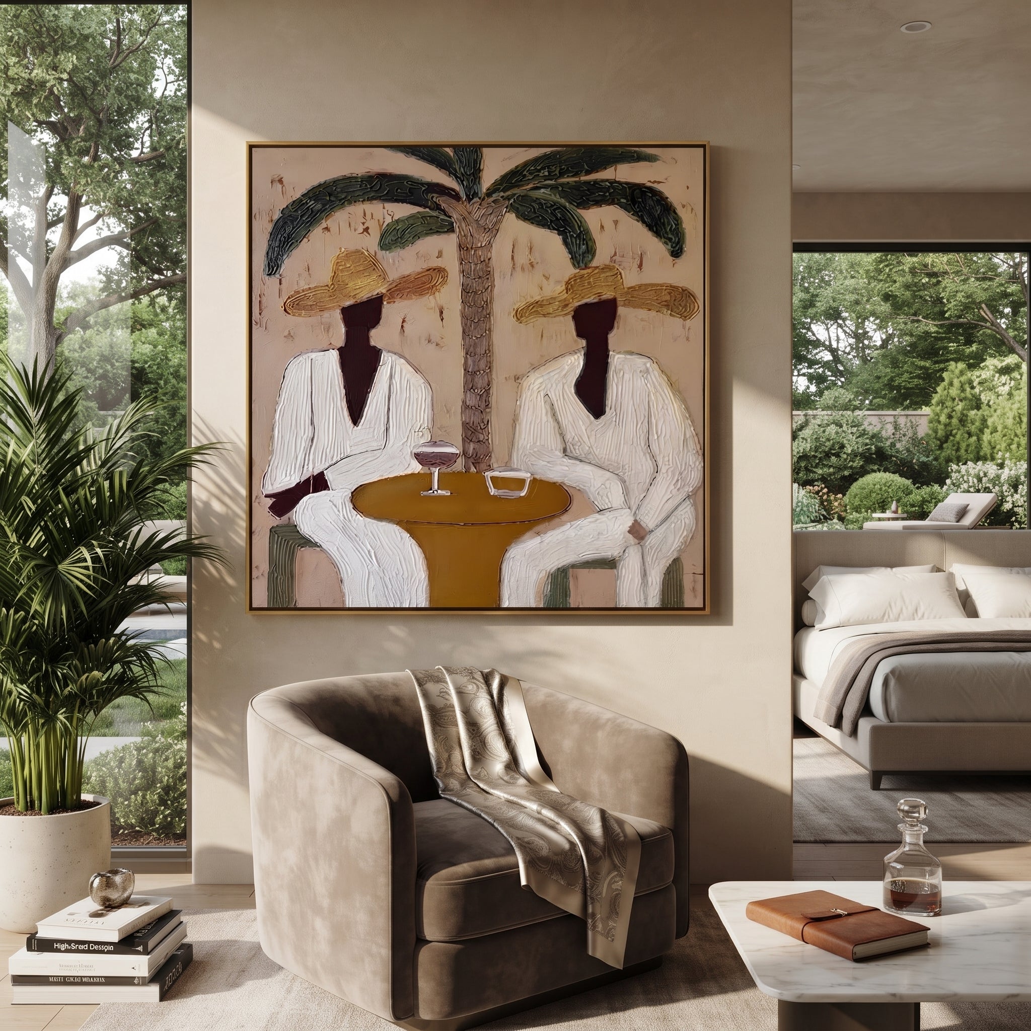 Palm Lunch Slows Time styled with neutral modern furnishings