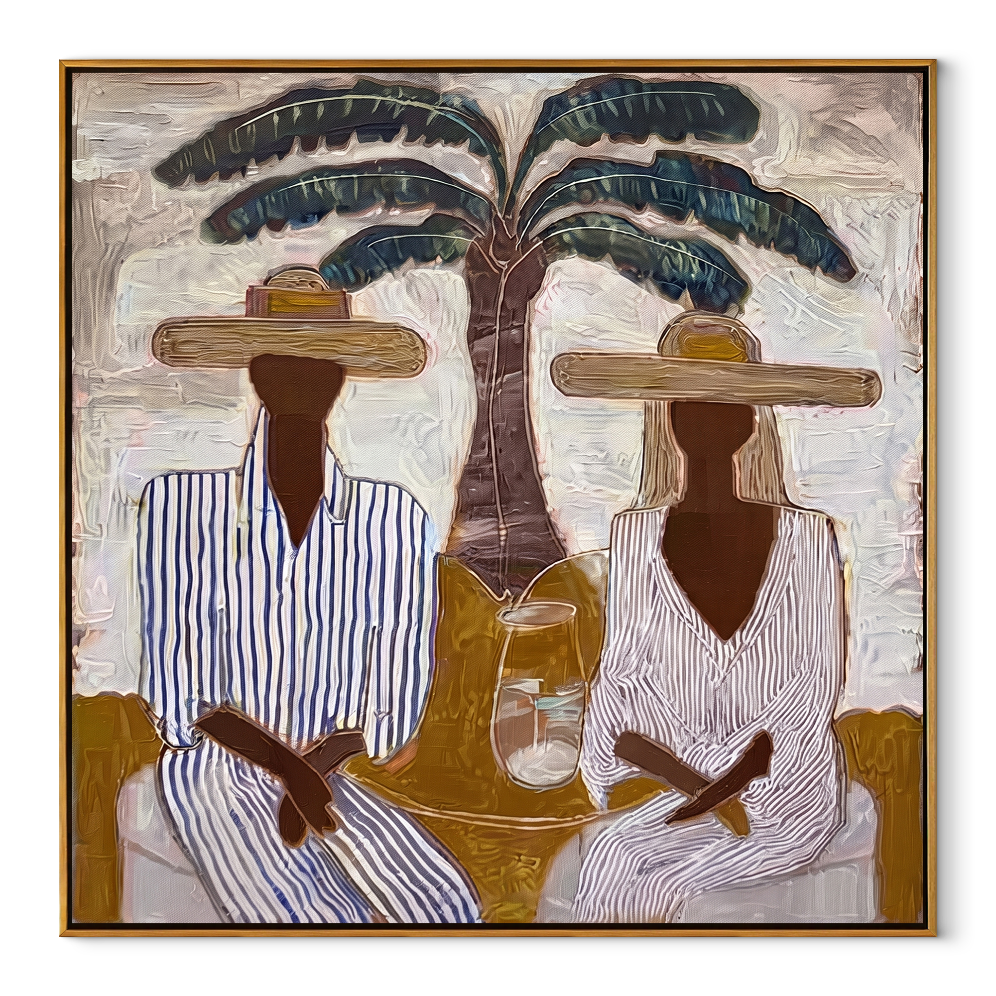 Striped Company Greets Noon coastal figurative textured painting, square canvas artwork