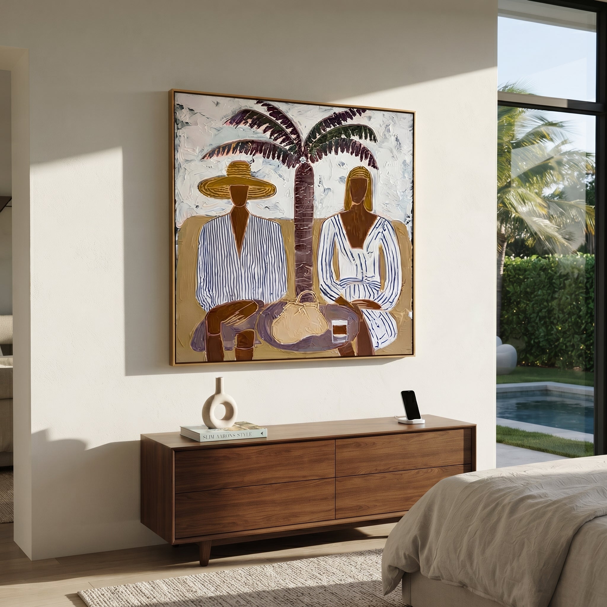 Palm Shade Holds Lunch displayed in a warm contemporary interior