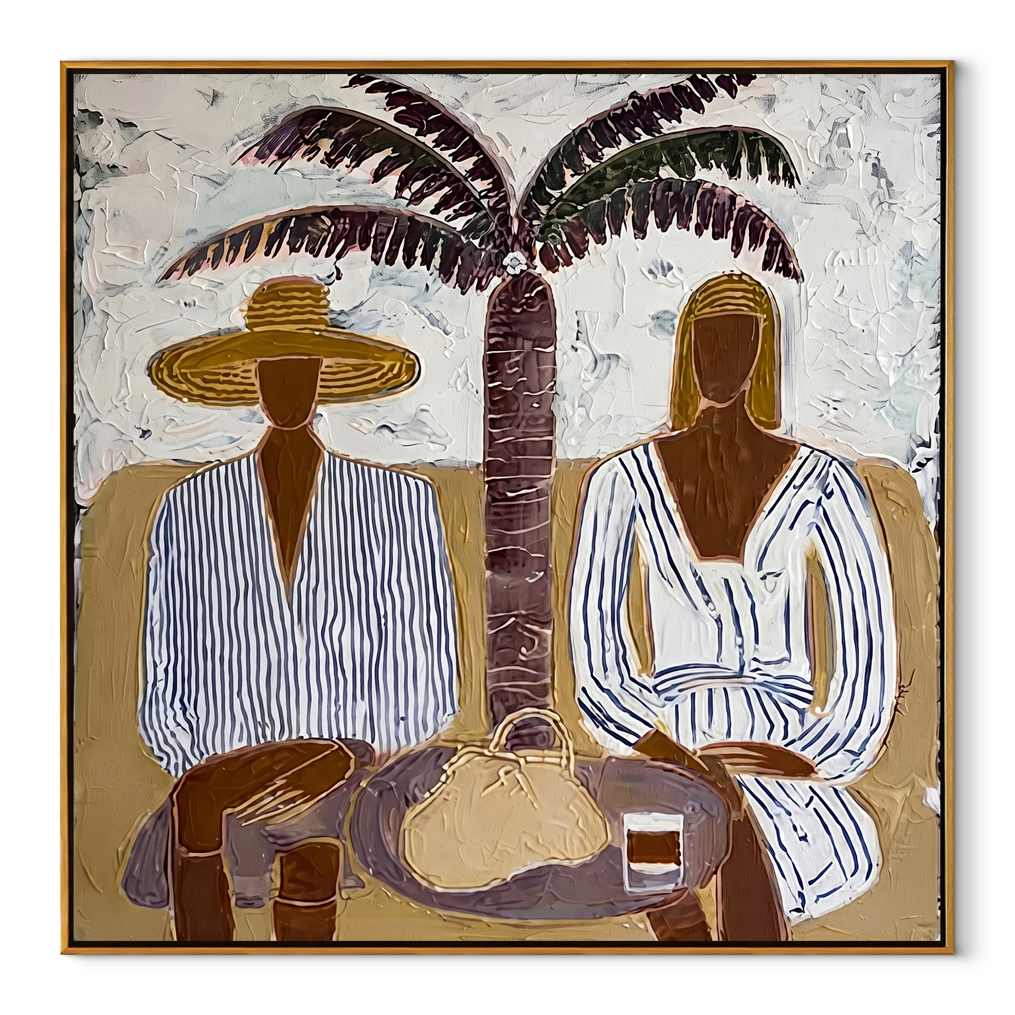 Palm Shade Holds Lunch coastal figurative textured painting, square canvas artwork