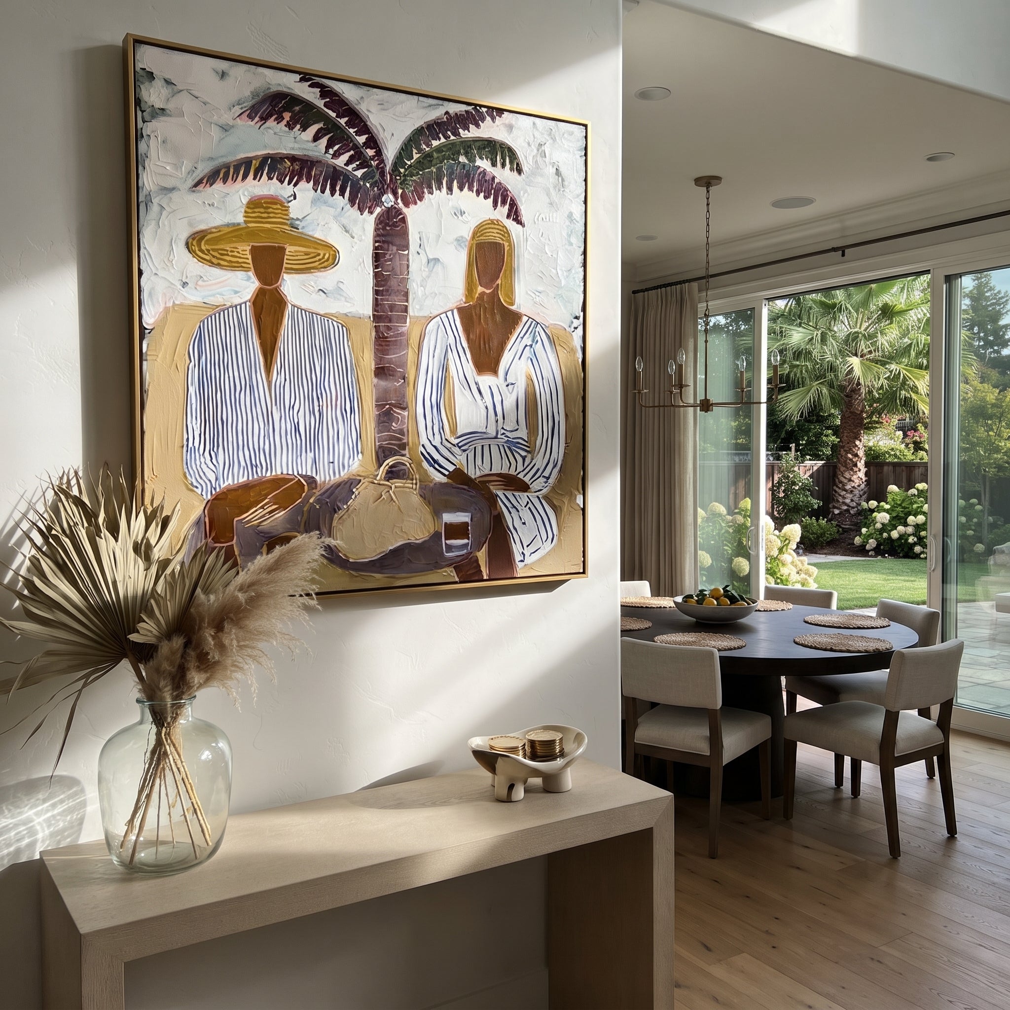 Palm Shade Holds Lunch styled with neutral modern furnishings