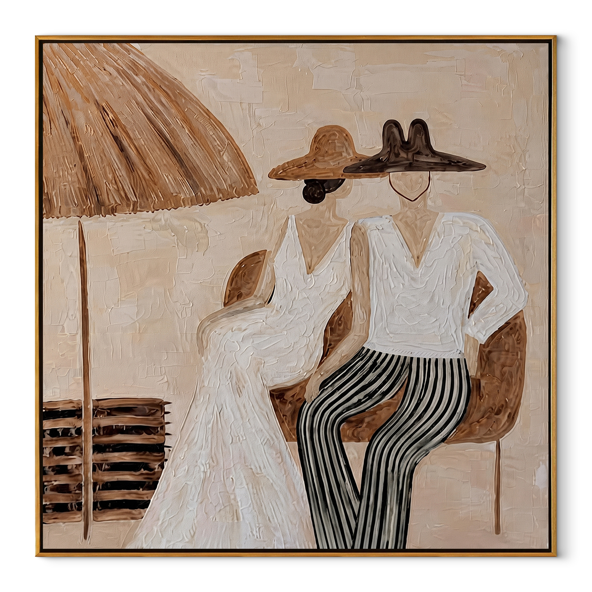 White Hats Share Shade coastal figurative textured painting, square canvas artwork