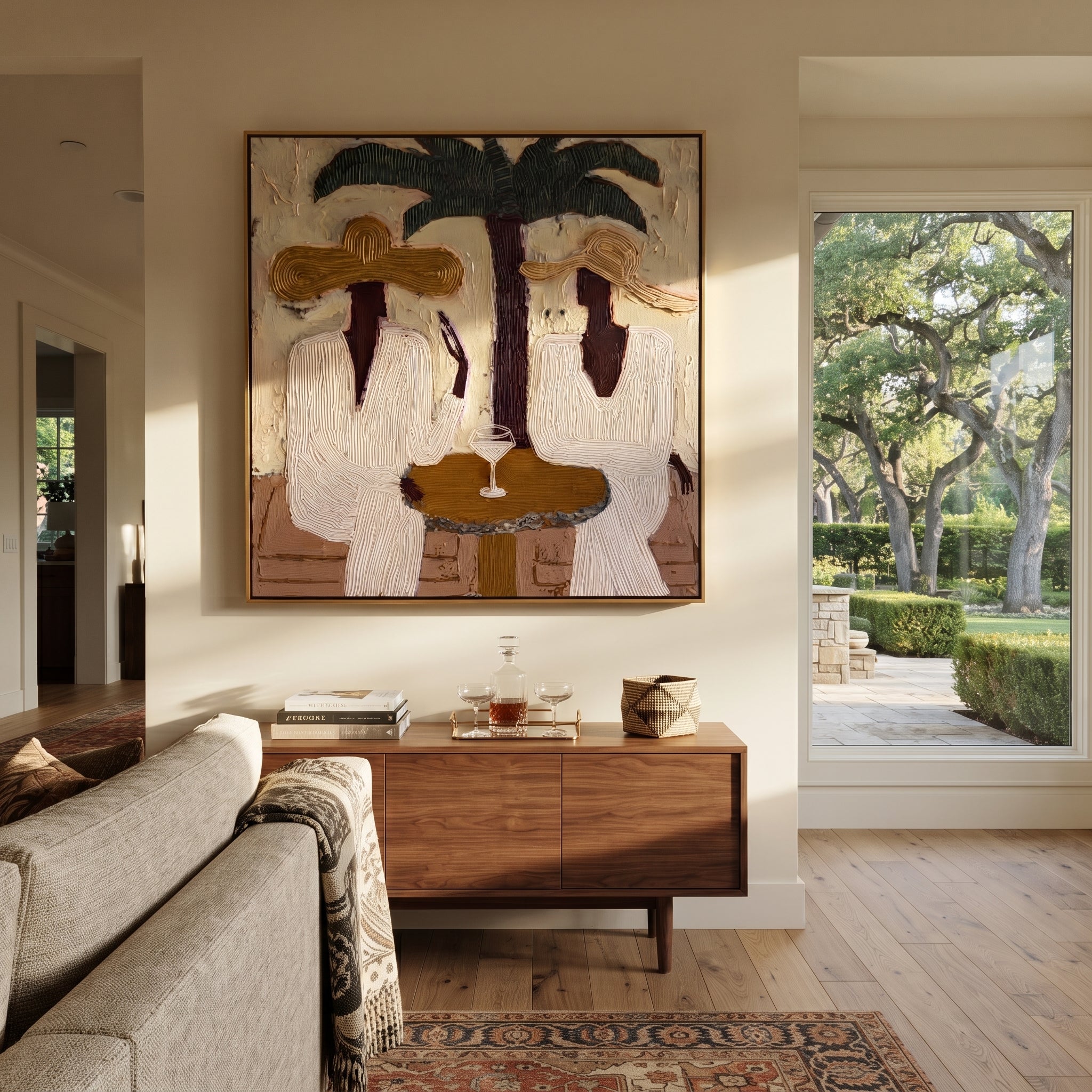 Palms Frame Quiet Toast displayed in a warm contemporary interior