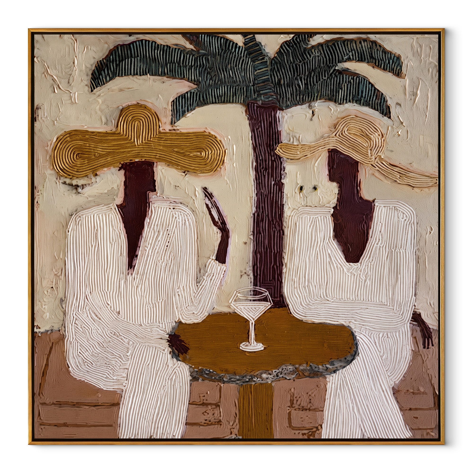 Palms Frame Quiet Toast coastal figurative textured painting, square canvas artwork