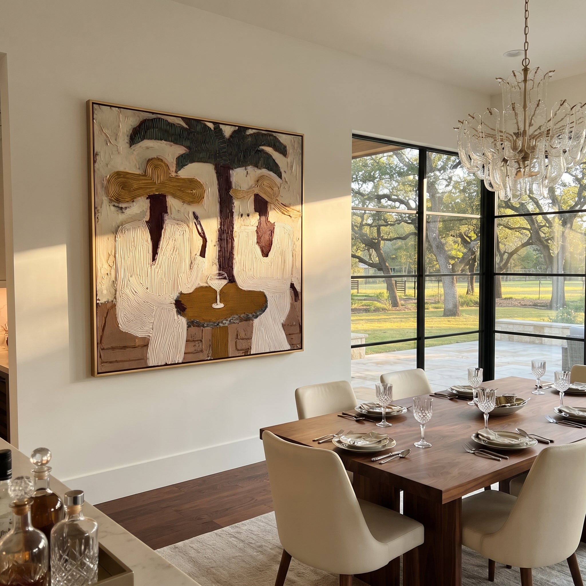 Palms Frame Quiet Toast presented above a contemporary console