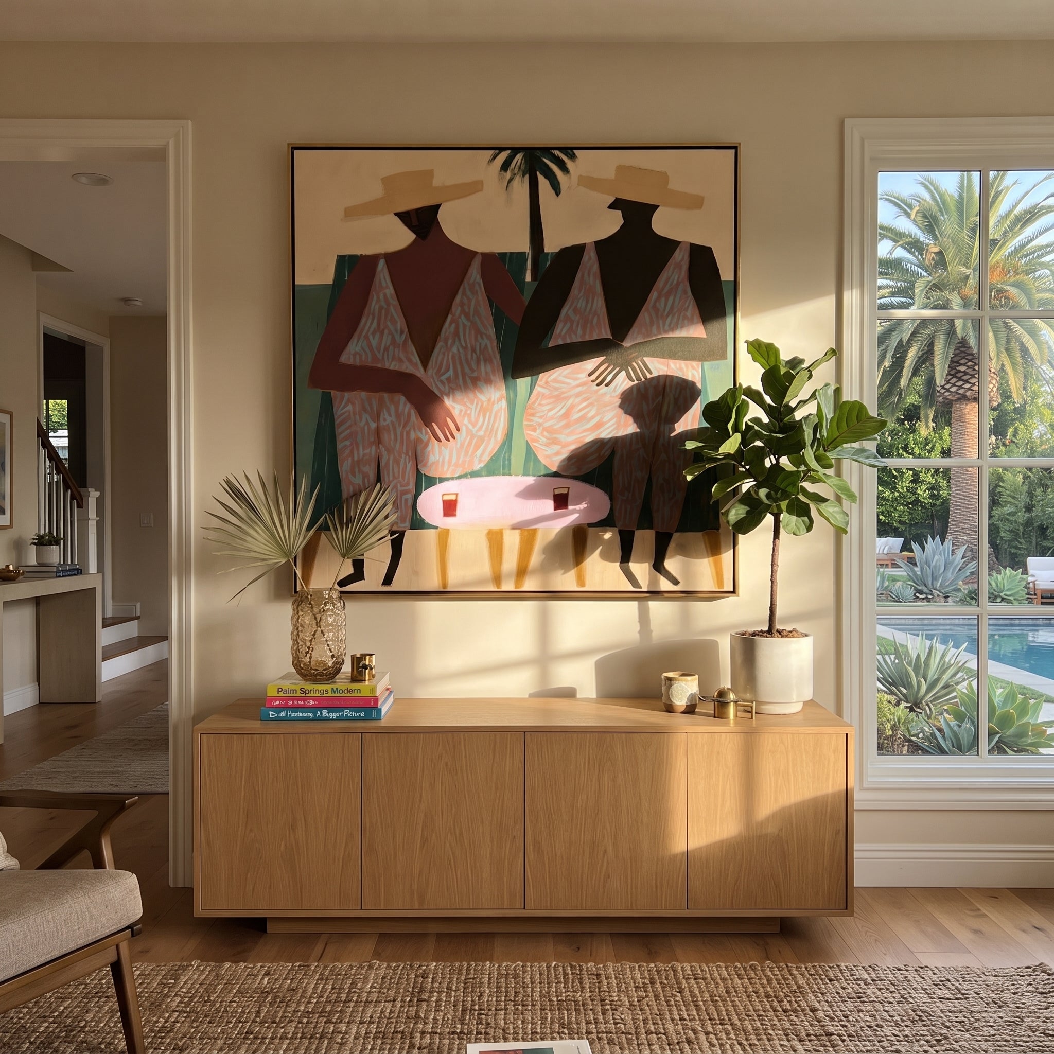 Pink Suits Face Palms displayed in a warm contemporary interior
