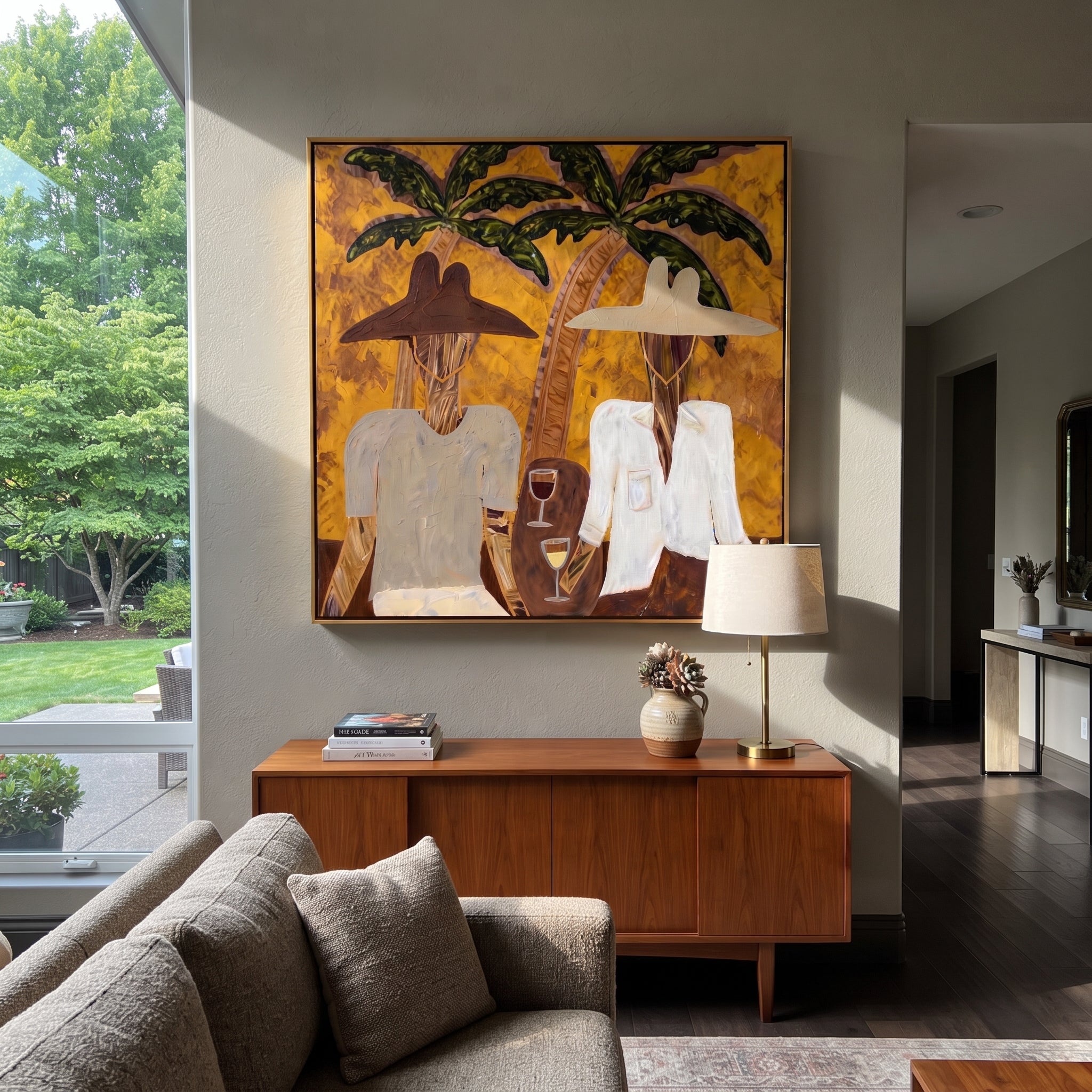 White Jackets Hold Sunset displayed in a warm contemporary interior