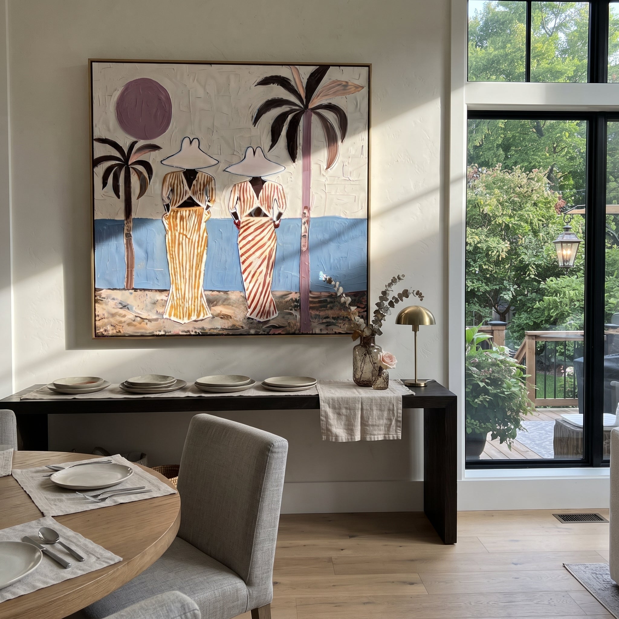 Striped Figures Face Tide presented above a contemporary console
