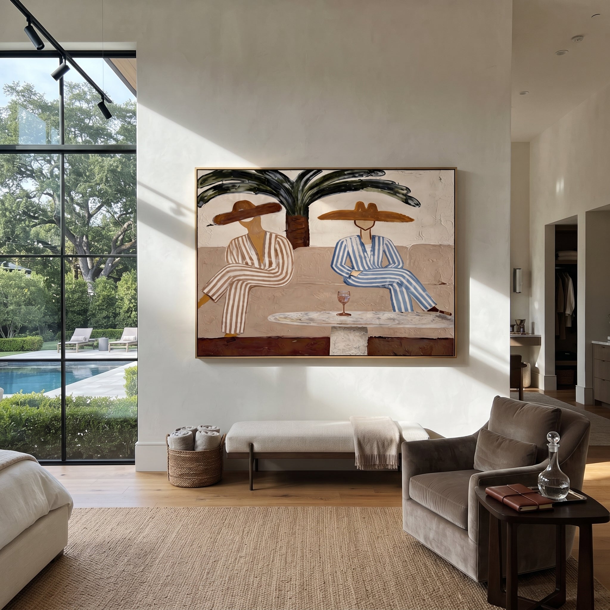 Palm Shade Holds Stripes presented above a contemporary console
